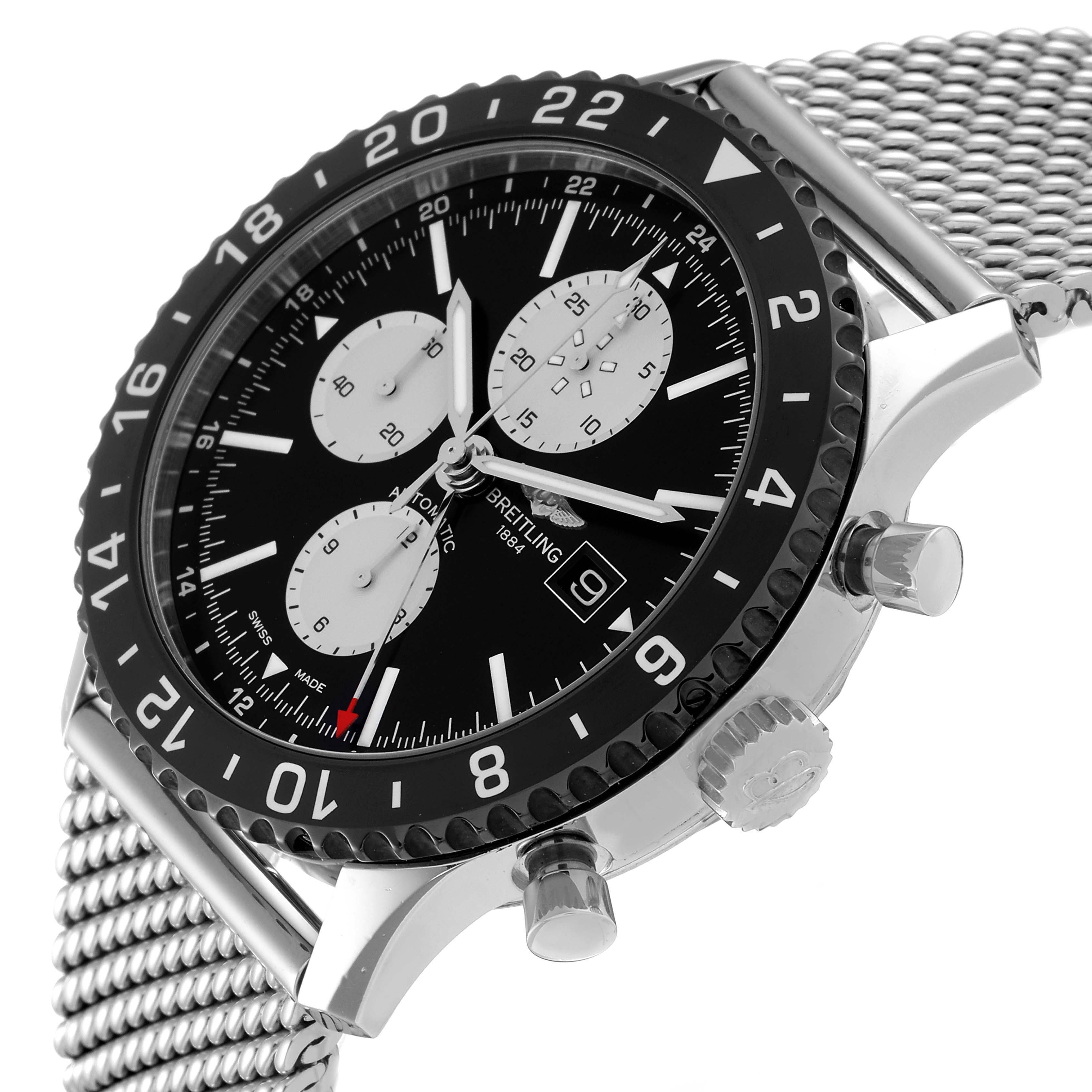 The Breitling Chronoliner Y2431012/BE10 Men's Stainless Steel Black Dial Y2431012/BE10 Men's Stainless Steel Black Dial watch is shown at an angled side view, showcasing the bezel, dial, chronograph, and mesh bracelet.