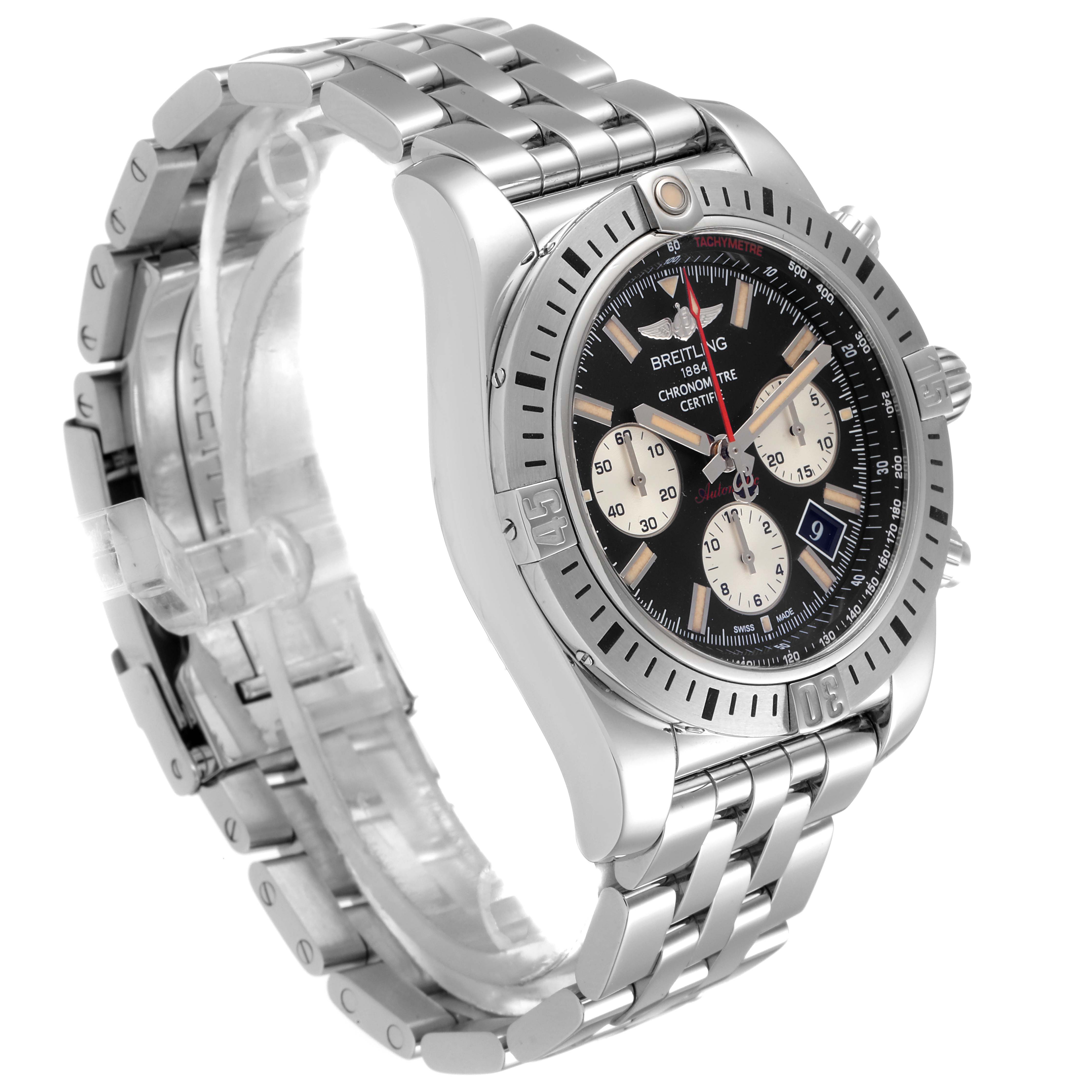 This image shows a side angle of a Breitling Chronomat AB0115 Men
s Stainless Steel Black Dial AB0115 Men
s Stainless Steel Black Dial watch, highlighting its face, bezel, and stainless steel bracelet.