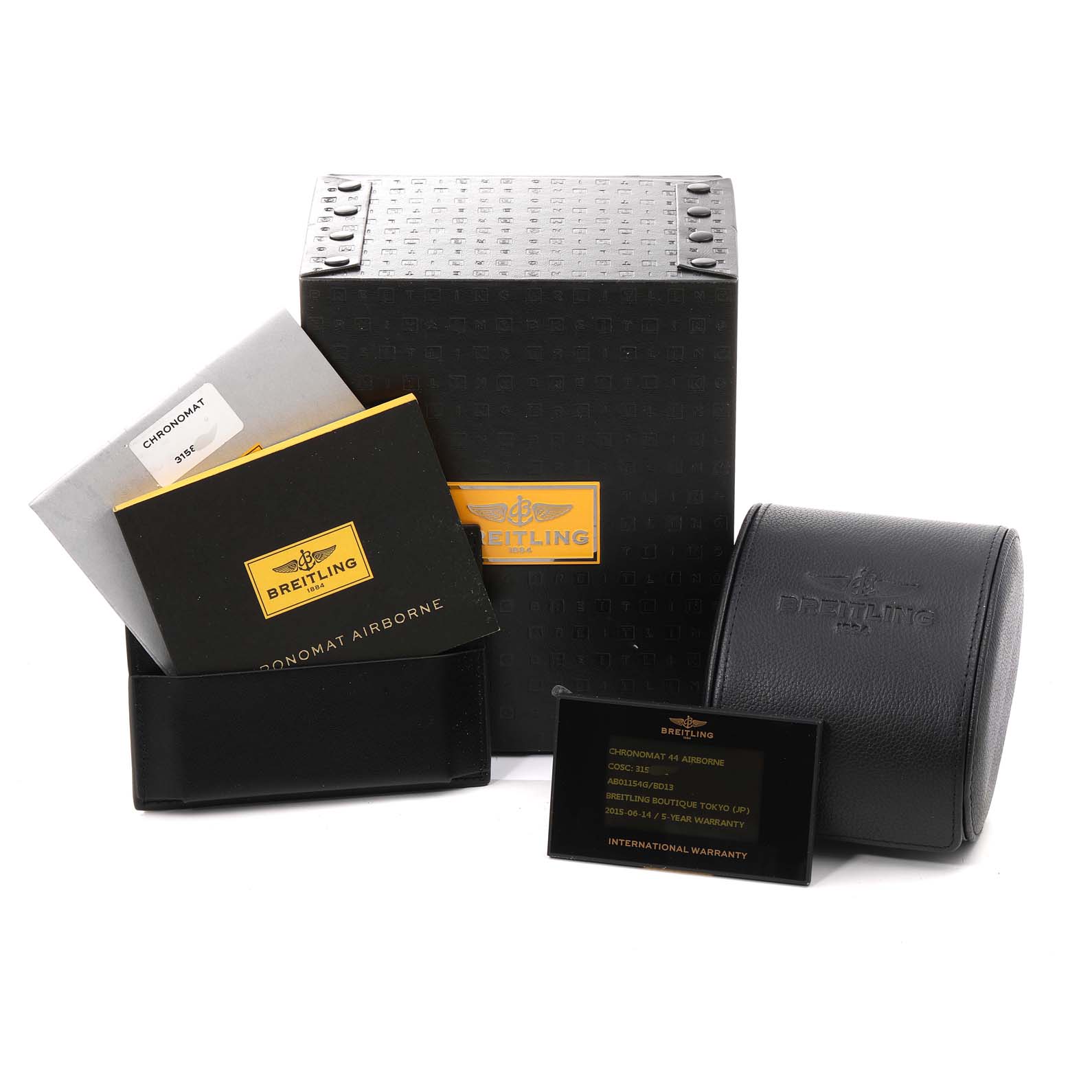 The image shows the packaging and accessories for a Breitling Chronomat AB0115 Men
s Stainless Steel Black Dial AB0115 Men
s Stainless Steel Black Dial, including a box, manuals, and a leather watch case.