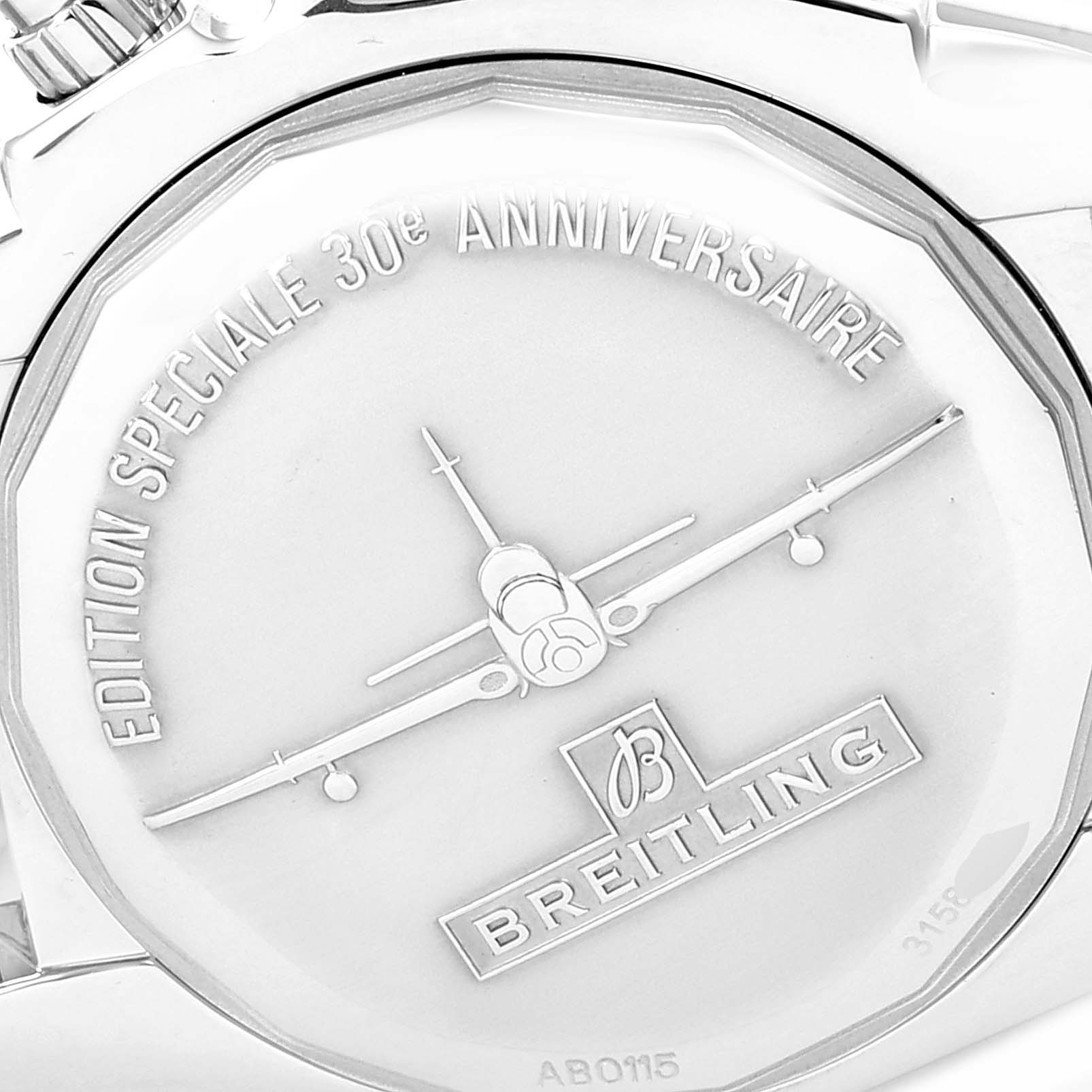 The image shows the back of a Breitling Chronomat AB0115 Men
s Stainless Steel Black Dial AB0115 Men
s Stainless Steel Black Dial watch, highlighting the engraved 30th Anniversary Edition design.
