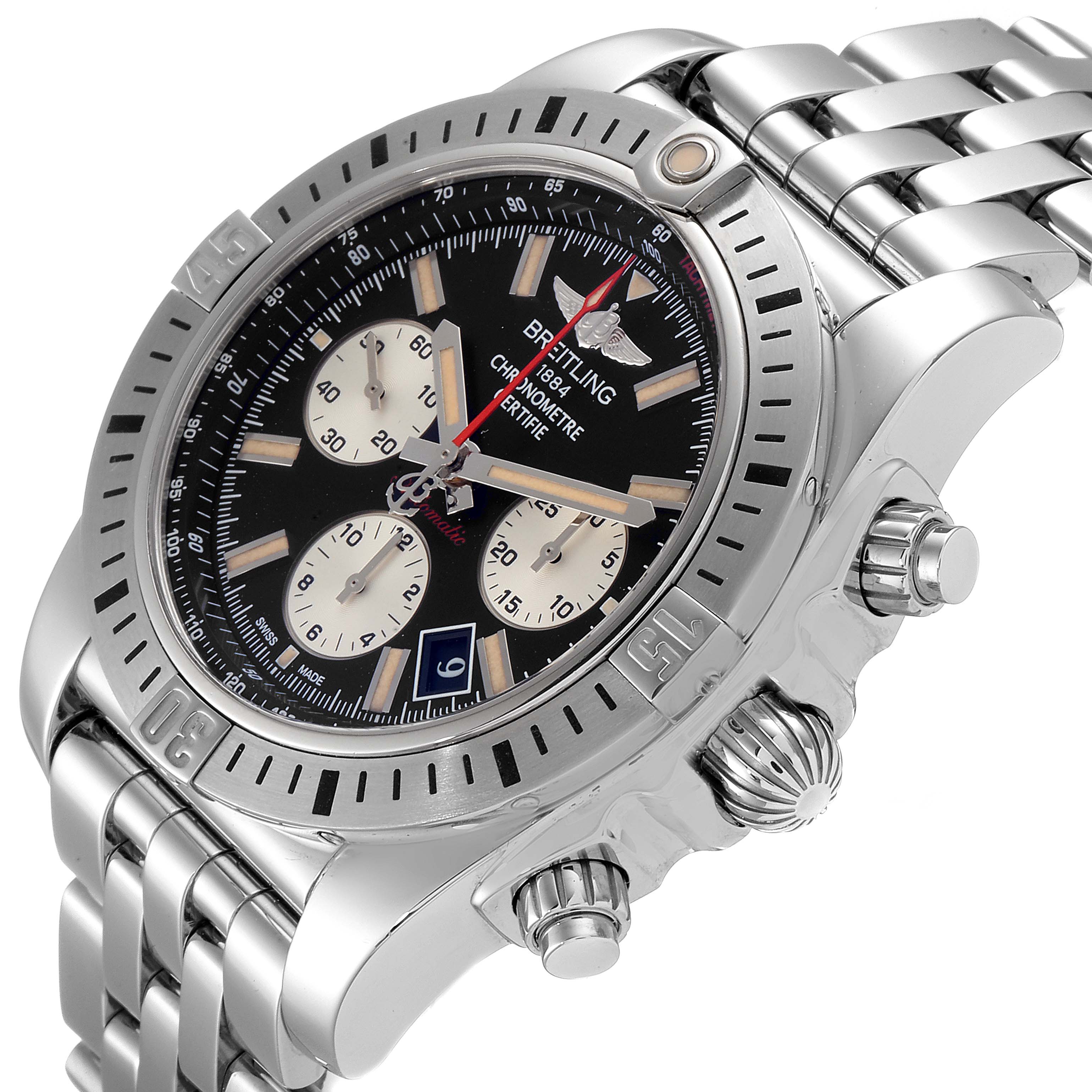 The image shows a side view of a Breitling Chronomat AB0115 Men
s Stainless Steel Black Dial AB0115 Men
s Stainless Steel Black Dial watch, featuring the stainless steel bracelet, bezel, dial, and crown.