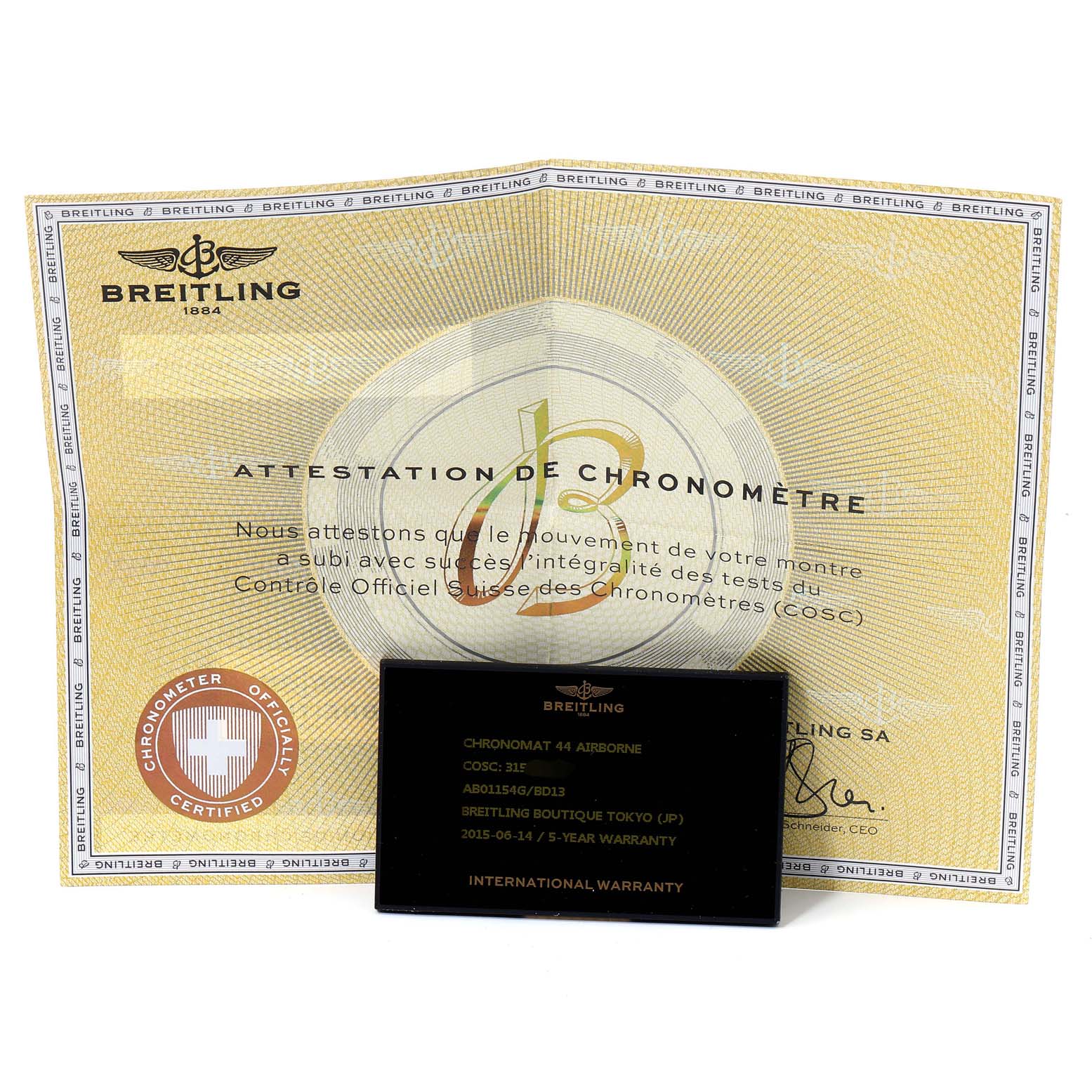 The image shows the certification and warranty card for a Breitling Chronomat AB0115 Men
s Stainless Steel Black Dial AB0115 Men
s Stainless Steel Black Dial model watch.