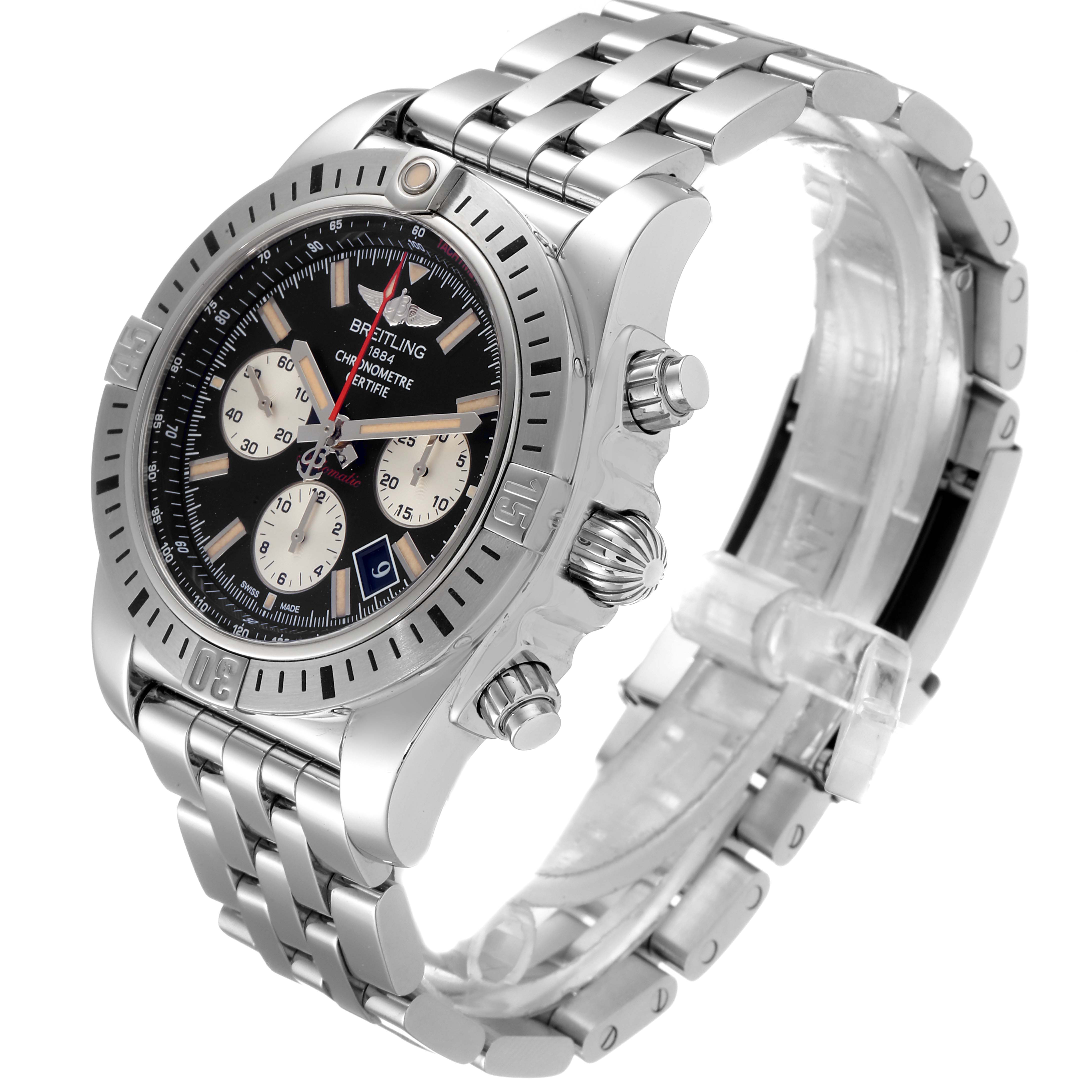 The watch is a Breitling Chronomat AB0115 Men
s Stainless Steel Black Dial AB0115 Men
s Stainless Steel Black Dial model, shown from a three-quarter angle, highlighting the dial, bezel, and bracelet.