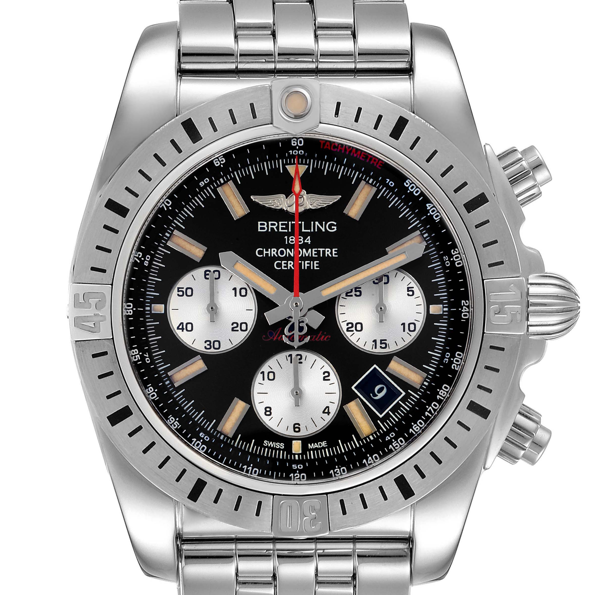 The image shows a front view of the Breitling Chronomat AB0115 Men
s Stainless Steel Black Dial AB0115 Men
s Stainless Steel Black Dial watch, highlighting the dial, bezel, and bracelet.
