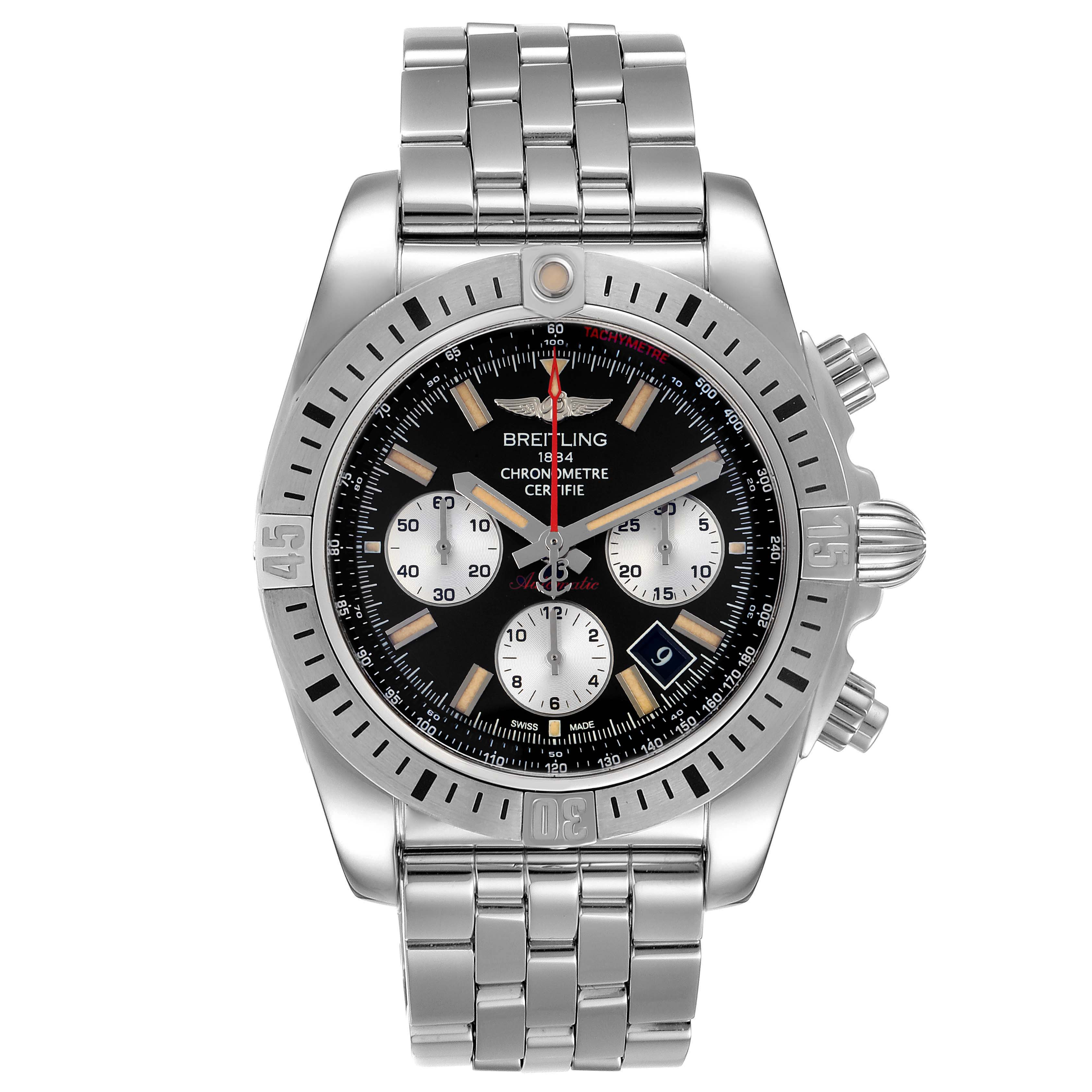 The image shows a front view of a Breitling Chronomat AB0115 Men
s Stainless Steel Black Dial AB0115 Men
s Stainless Steel Black Dial watch, displaying the dial, bezel, and bracelet.