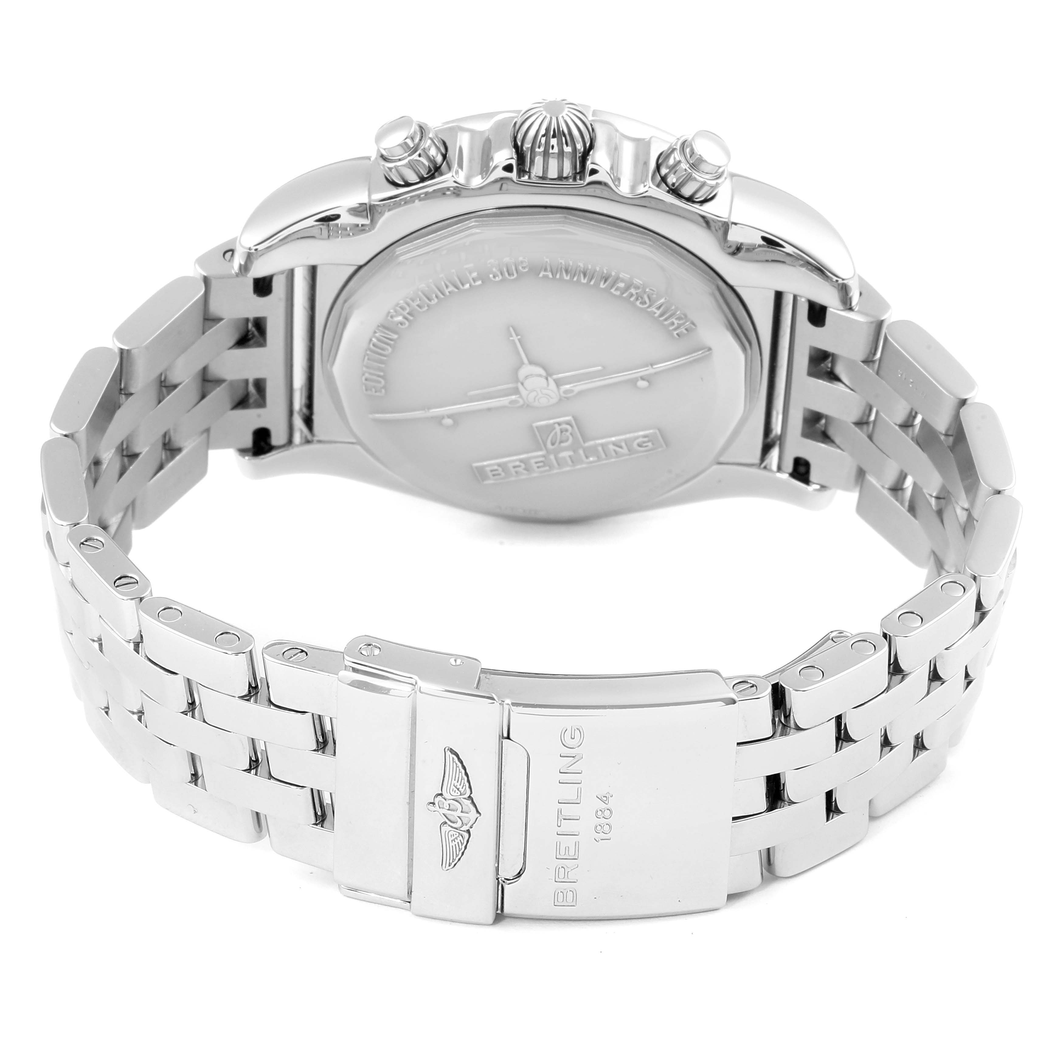 The image shows the back and bracelet of a Breitling Chronomat AB0115 Men
s Stainless Steel Black Dial AB0115 Men
s Stainless Steel Black Dial watch, highlighting the clasp and engraved case back.