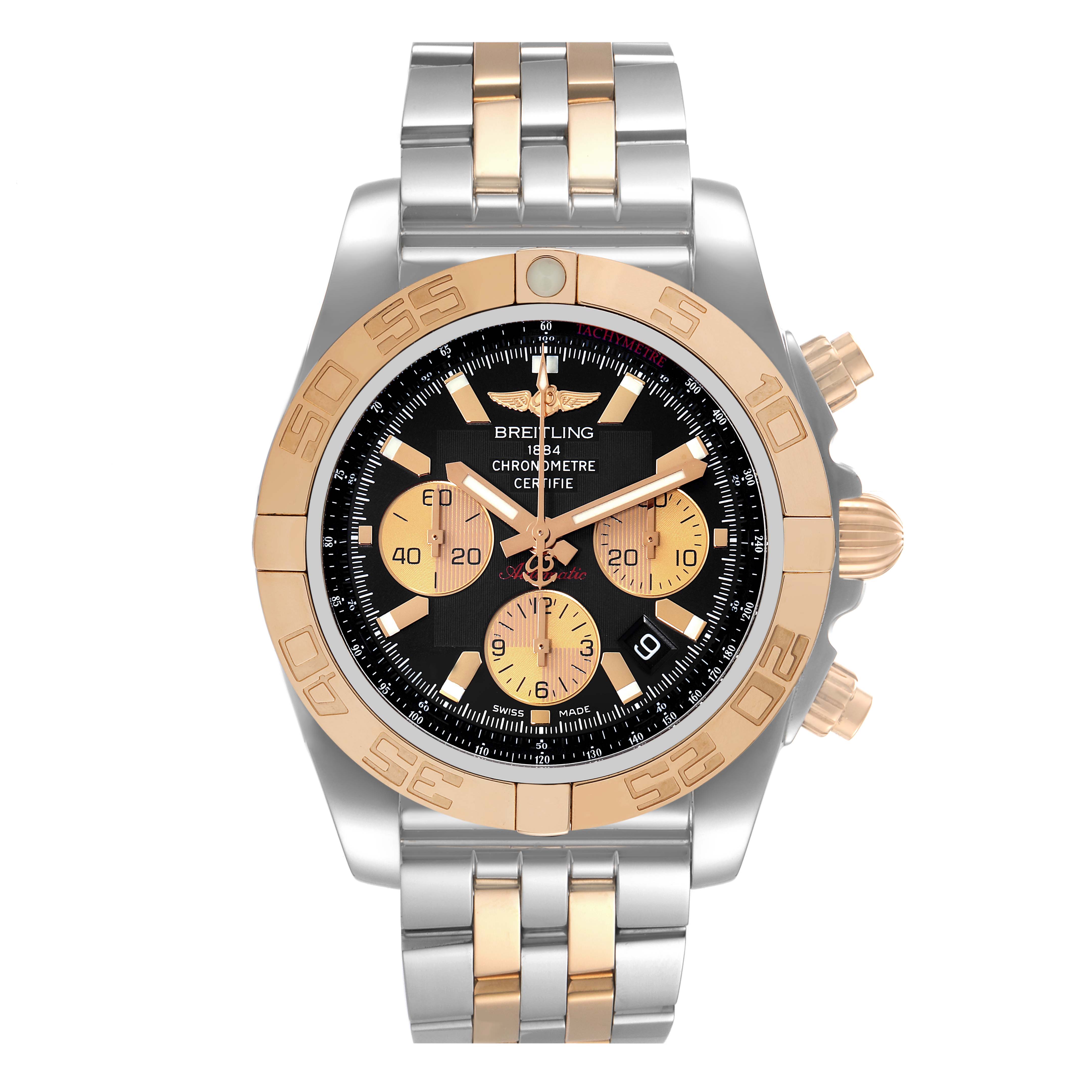 The image shows a front view of the Breitling Chronomat CB0110121B1C1 Men's Steel and Gold (two tone) Black Dial CB0110121B1C1 Men's Steel and Gold (two tone) Black Dial watch, displaying its face, bezel, and part of the bracelet.