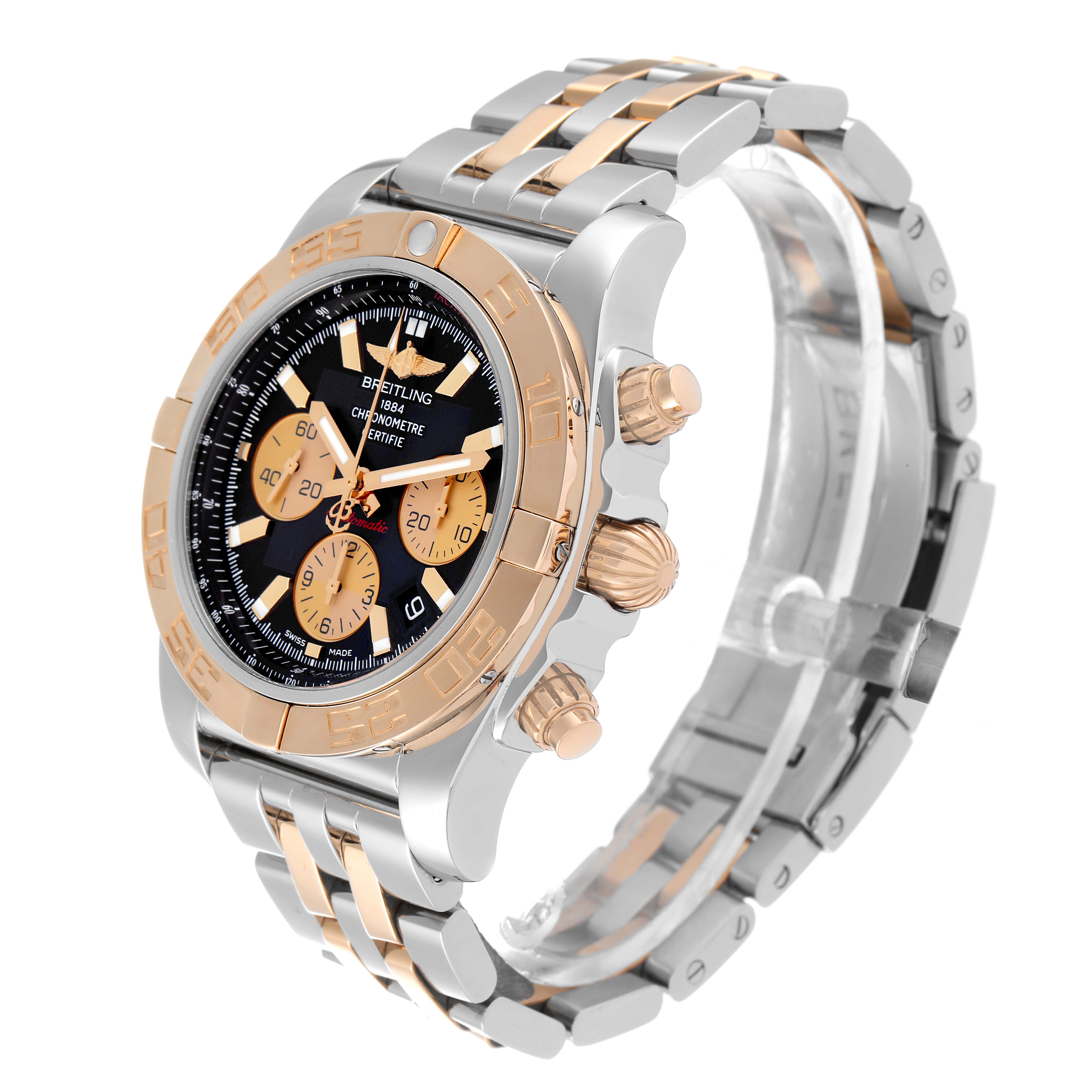 This Breitling Chronomat CB0110121B1C1 Men's Steel and Gold (two tone) Black Dial CB0110121B1C1 Men's Steel and Gold (two tone) Black Dial model watch is shown at a three-quarter angle displaying the face, bezel, crown, pushers, and bracelet.
