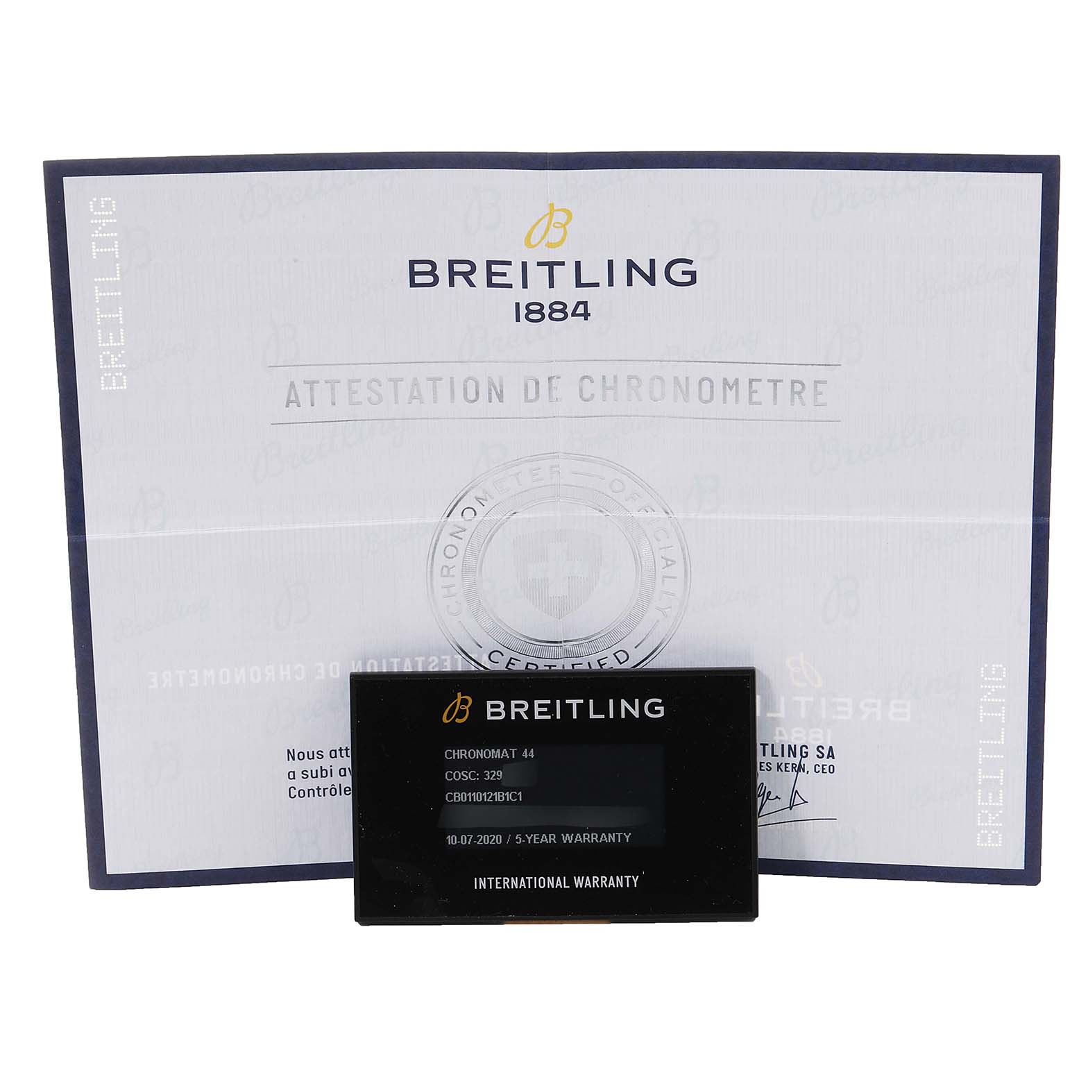 This image shows the warranty card and certificate for a Breitling Chronomat CB0110121B1C1 Men's Steel and Gold (two tone) Black Dial CB0110121B1C1 Men's Steel and Gold (two tone) Black Dial model watch.