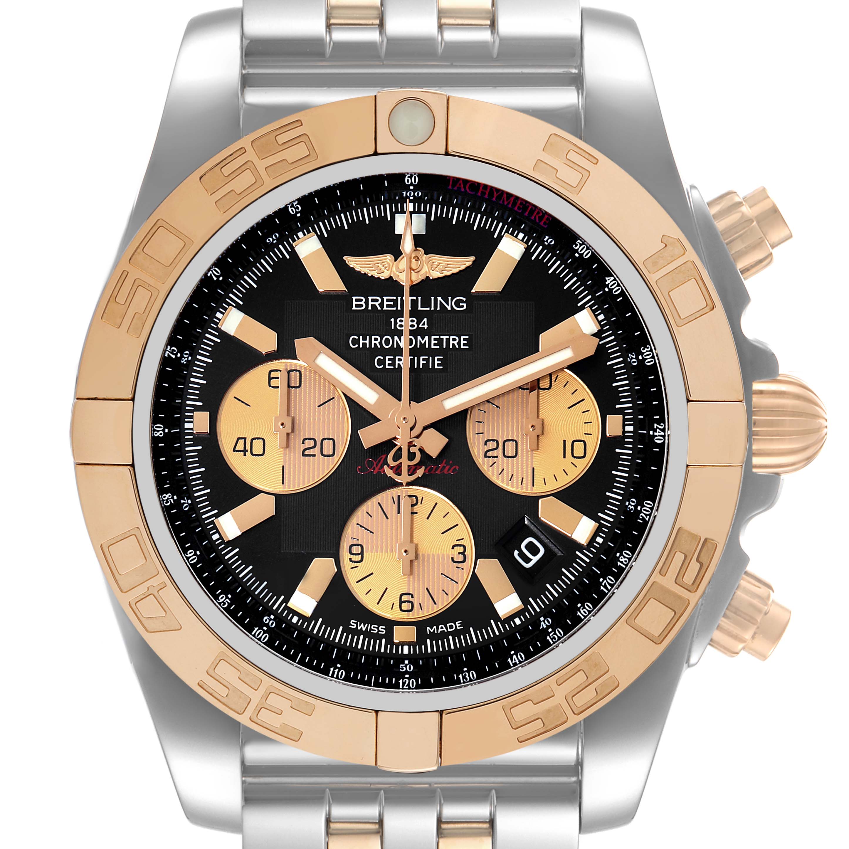 The image shows a front view of the Breitling Chronomat CB0110121B1C1 Men's Steel and Gold (two tone) Black Dial CB0110121B1C1 Men's Steel and Gold (two tone) Black Dial watch, highlighting its face, bezel, and partial bracelet.