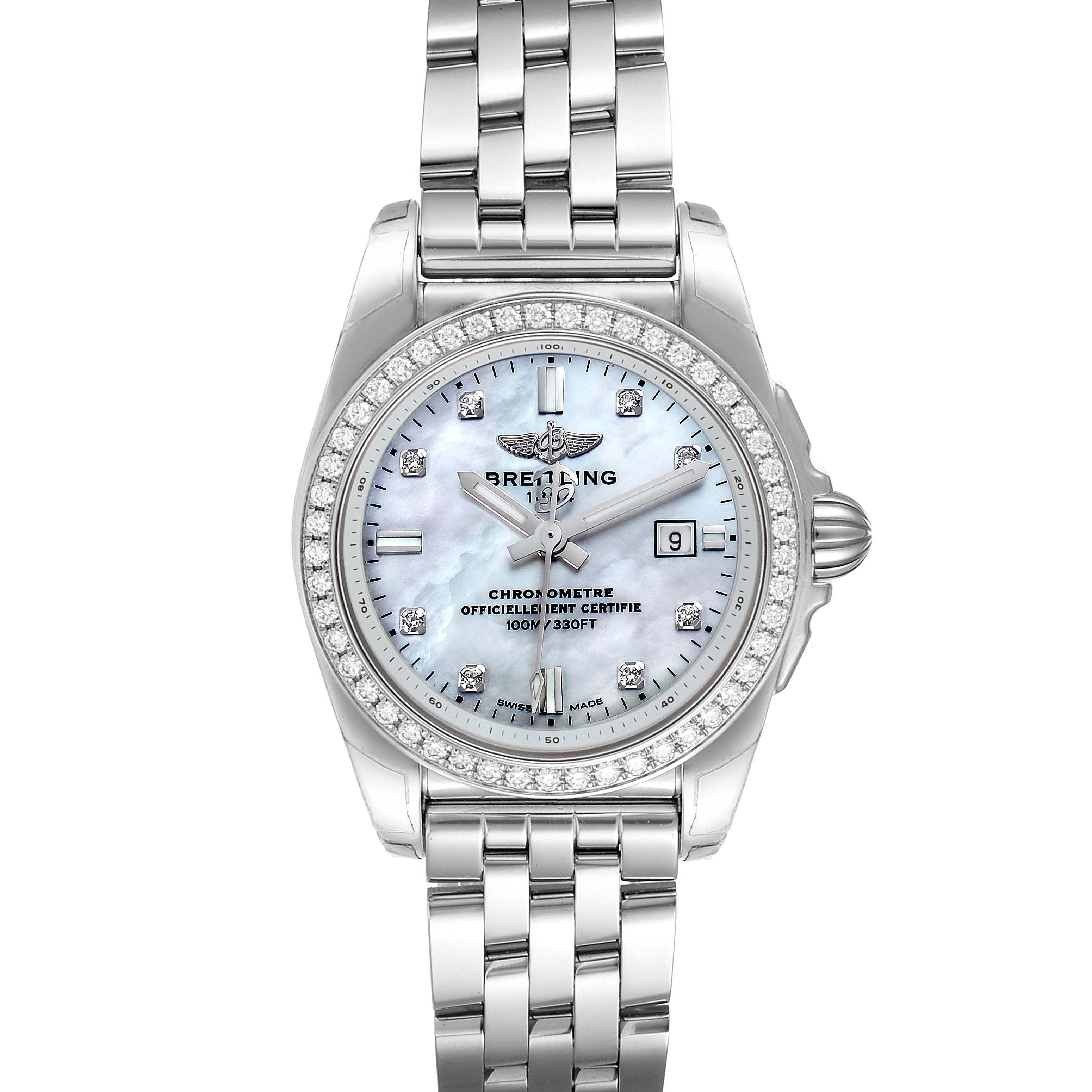 This image shows a front view of the Breitling A7234853/A785/791A Women's Stainless Steel Mother of Pearl Dial A7234853/A785/791A Women's Stainless Steel Mother of Pearl Dial Galactic 29 MOP Diamond Steel Ladies Watch A72348, highlighting its face, bezel, and bracelet.