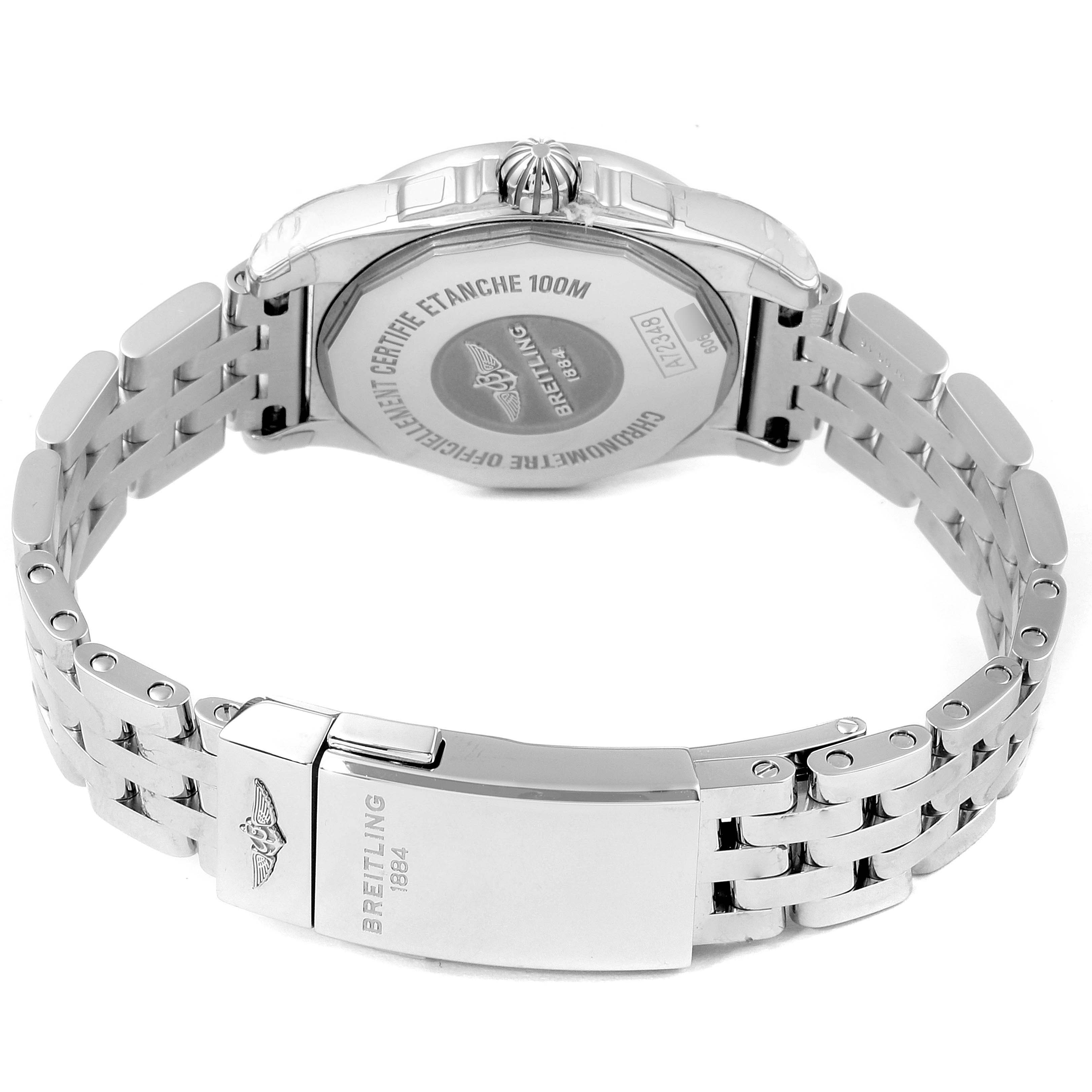 The image shows the back and bracelet of the Breitling A7234853/A785/791A Women's Stainless Steel Mother of Pearl Dial A7234853/A785/791A Women's Stainless Steel Mother of Pearl Dial Galactic 29 MOP Diamond Steel Ladies Watch A72348 Unworn model.