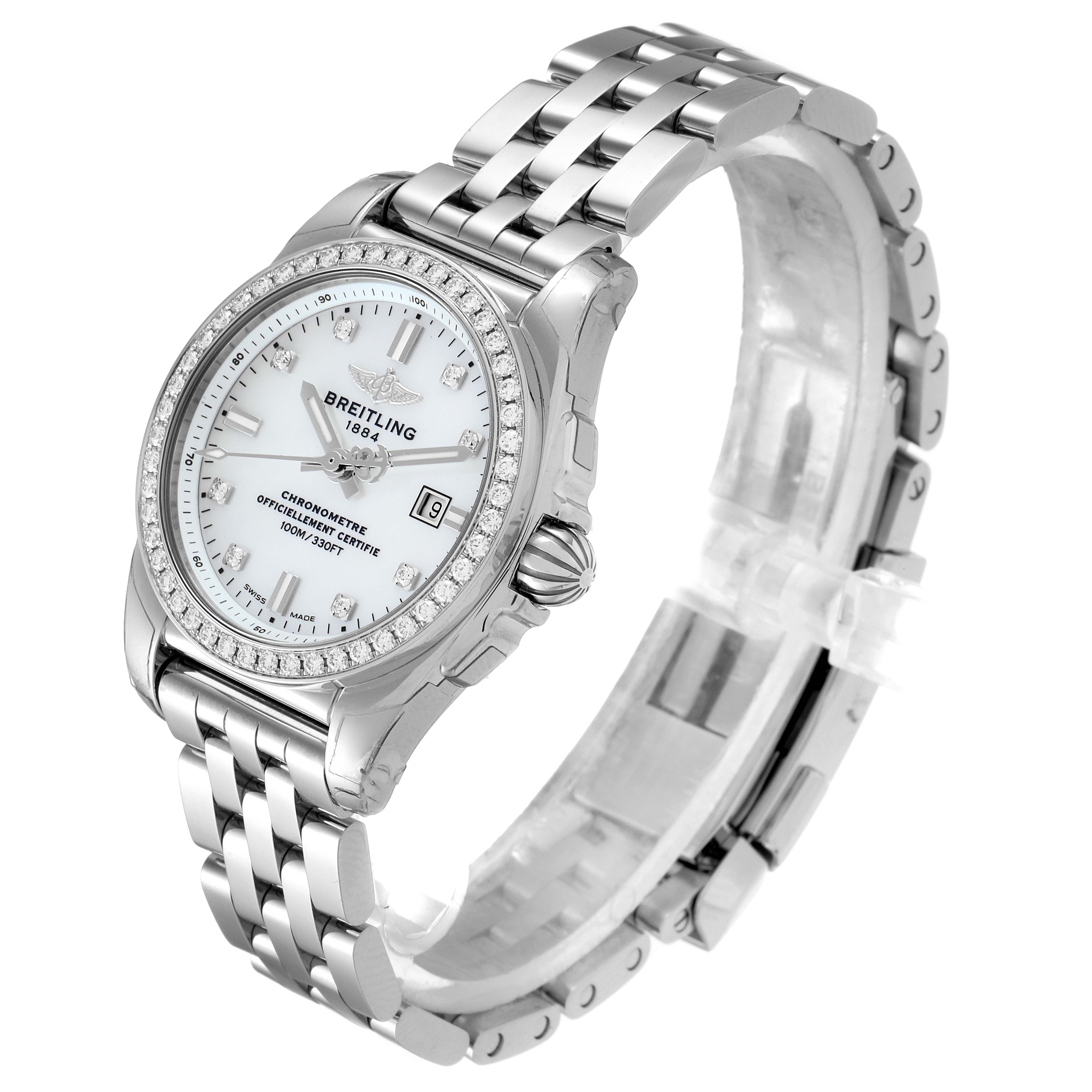 This is a side-angle view of the Breitling A7234853/A785/791A Women's Stainless Steel Mother of Pearl Dial A7234853/A785/791A Women's Stainless Steel Mother of Pearl Dial Galactic 29 MOP Diamond Steel Ladies Watch A72348, showcasing its face and bracelet.