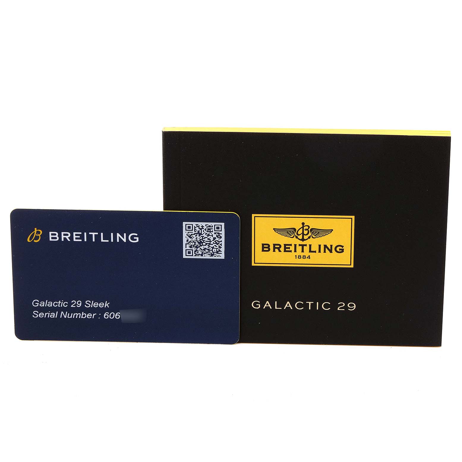 The image shows the warranty card and the box for the Breitling A7234853/A785/791A Women's Stainless Steel Mother of Pearl Dial A7234853/A785/791A Women's Stainless Steel Mother of Pearl Dial Galactic 29 MOP Diamond Steel Ladies Watch A72348.