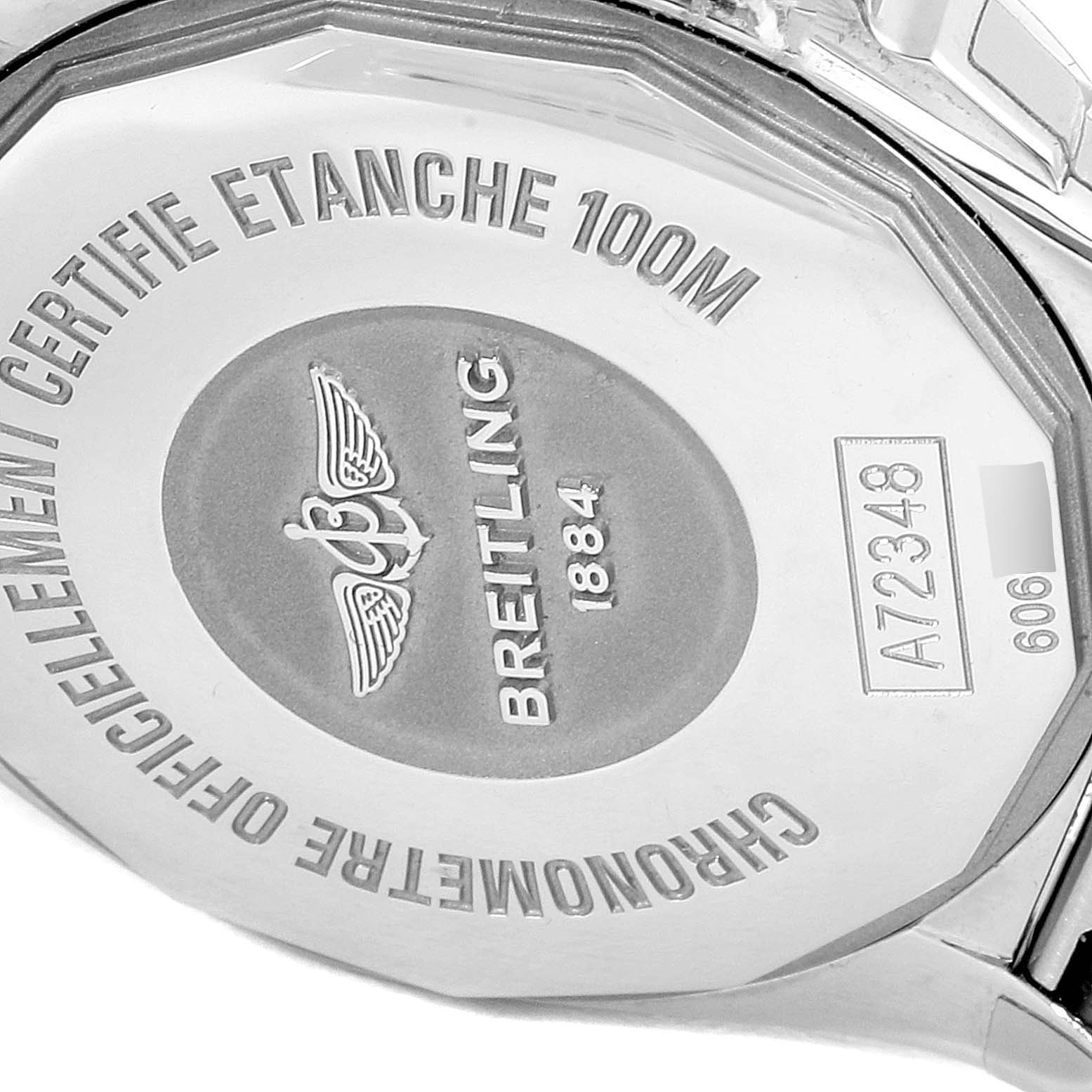 The image shows the back case of the Breitling A7234853/A785/791A Women's Stainless Steel Mother of Pearl Dial A7234853/A785/791A Women's Stainless Steel Mother of Pearl Dial Galactic 29 MOP Diamond Steel Ladies Watch A72348, highlighting its certification and model number.