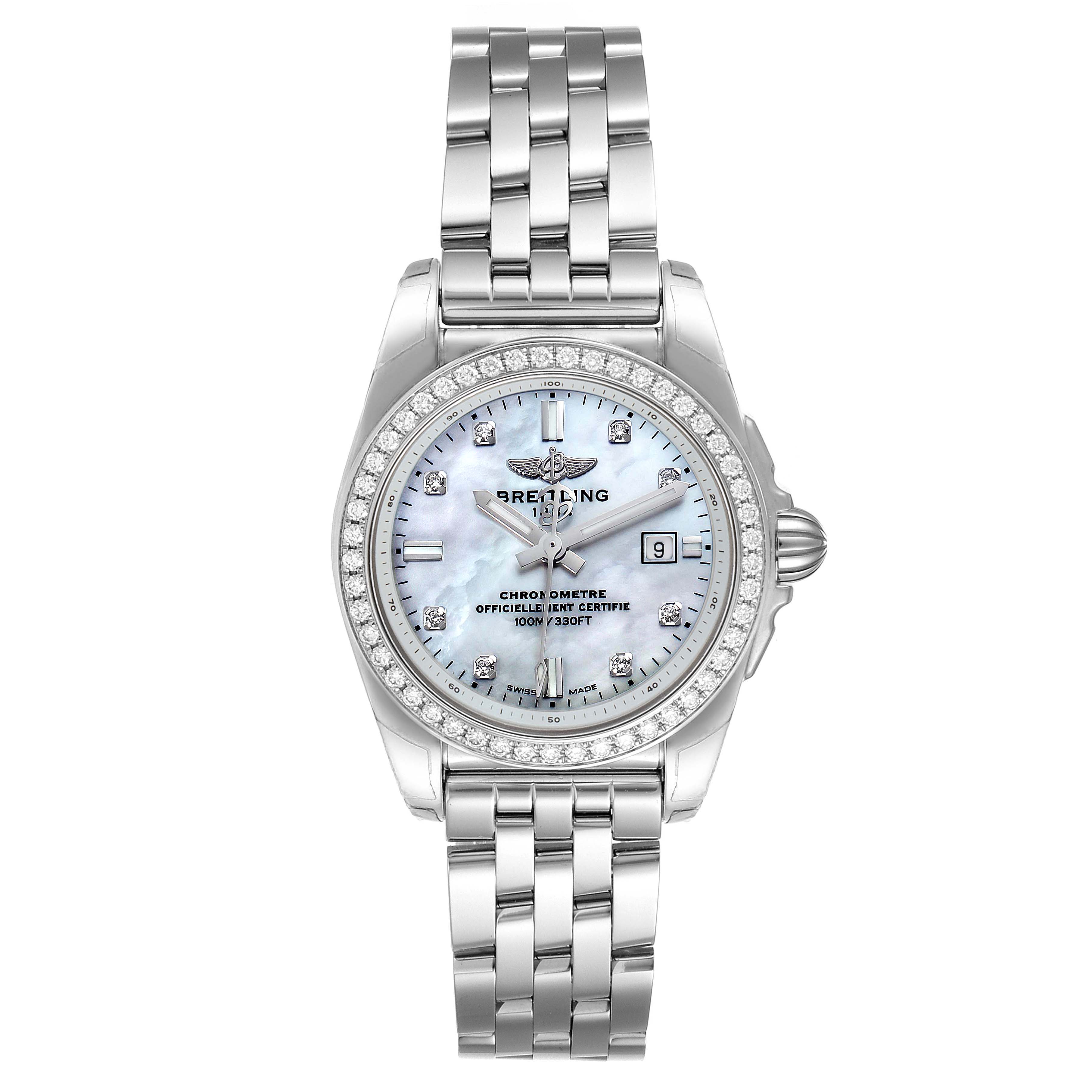 The image shows a front view of the Breitling A7234853/A785/791A Women's Stainless Steel Mother of Pearl Dial A7234853/A785/791A Women's Stainless Steel Mother of Pearl Dial Galactic 29 MOP Diamond Steel Ladies Watch A72348, displaying the dial, bezel, and bracelet.