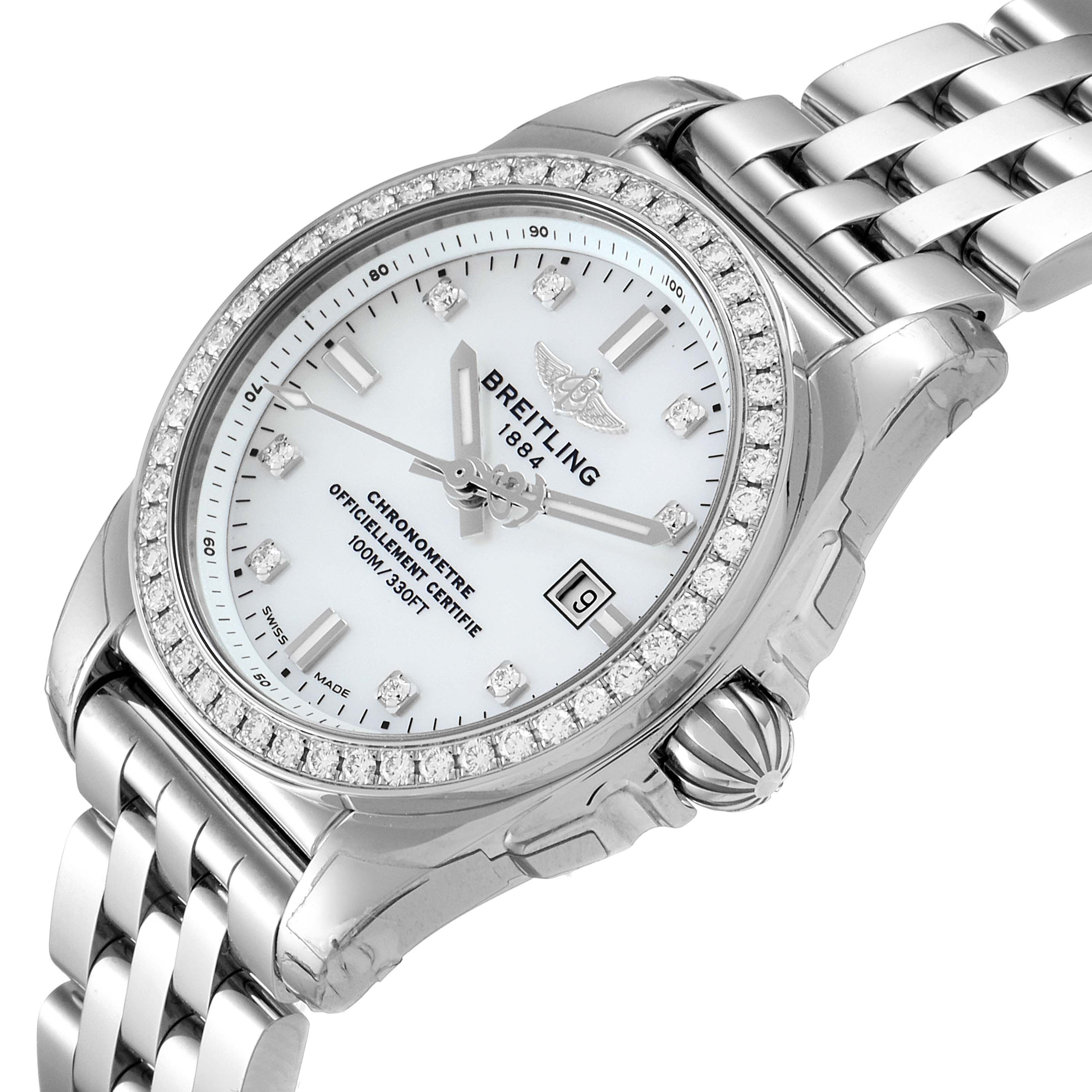 The Breitling A7234853/A785/791A Women's Stainless Steel Mother of Pearl Dial A7234853/A785/791A Women's Stainless Steel Mother of Pearl Dial Galactic 29 MOP Diamond Steel Ladies Watch A72348 is shown from a front angle, highlighting the dial, bezel, and bracelet.