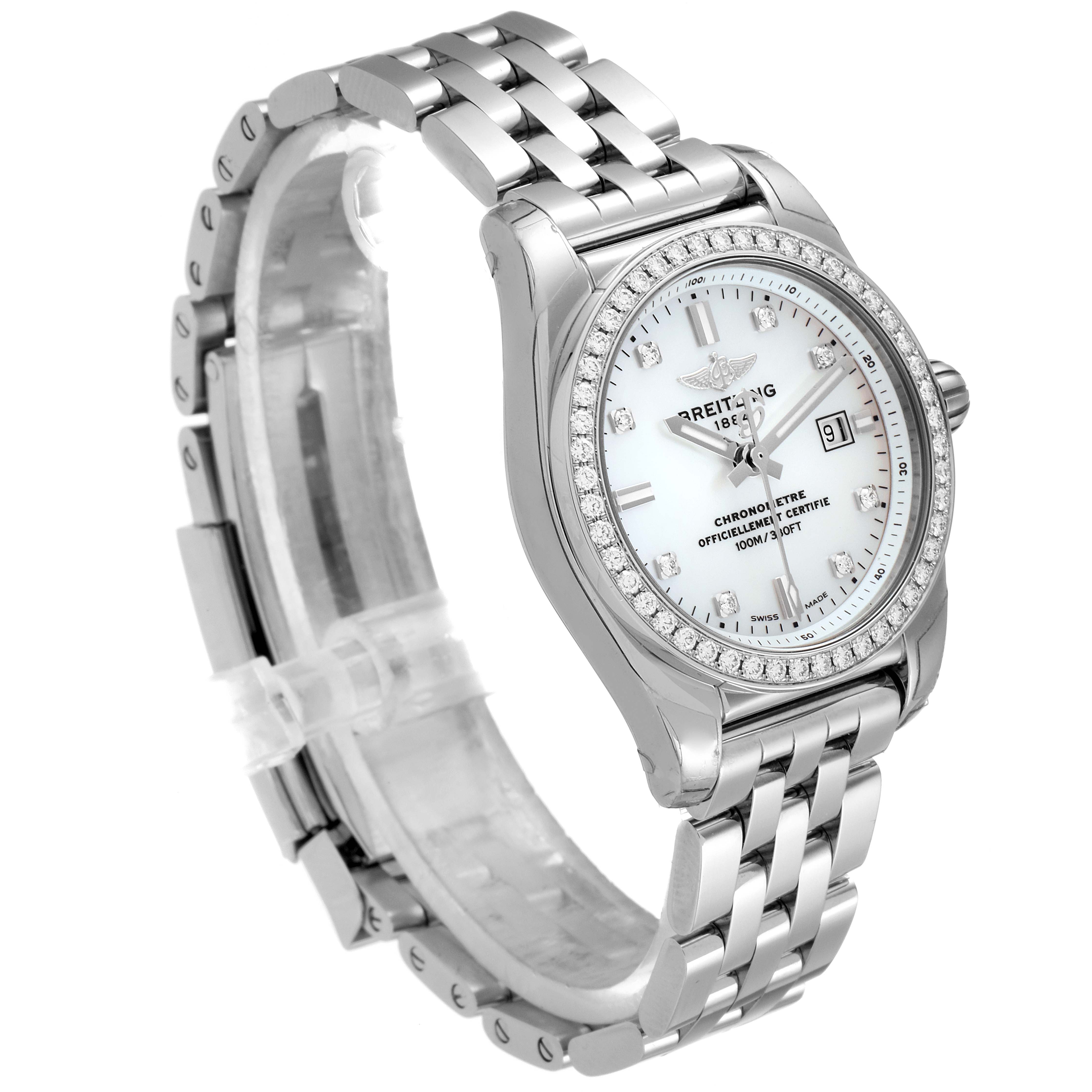 The Breitling A7234853/A785/791A Women's Stainless Steel Mother of Pearl Dial A7234853/A785/791A Women's Stainless Steel Mother of Pearl Dial Galactic 29 MOP Diamond Steel Ladies Watch A72348 is shown at a three-quarter angle, highlighting the bezel, dial, and bracelet.