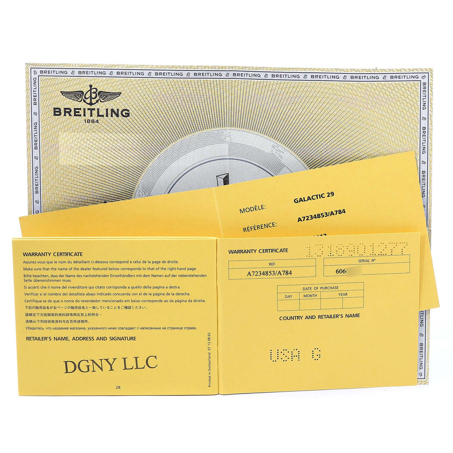 The image shows warranty certificates and the packaging for the Breitling A72348  Women
s Stainless Steel Mother of Pearl Dial A72348  Women
s Stainless Steel Mother of Pearl Dial Galactic 29 MOP Diamond Steel Ladies Watch A72348 Unworn model.