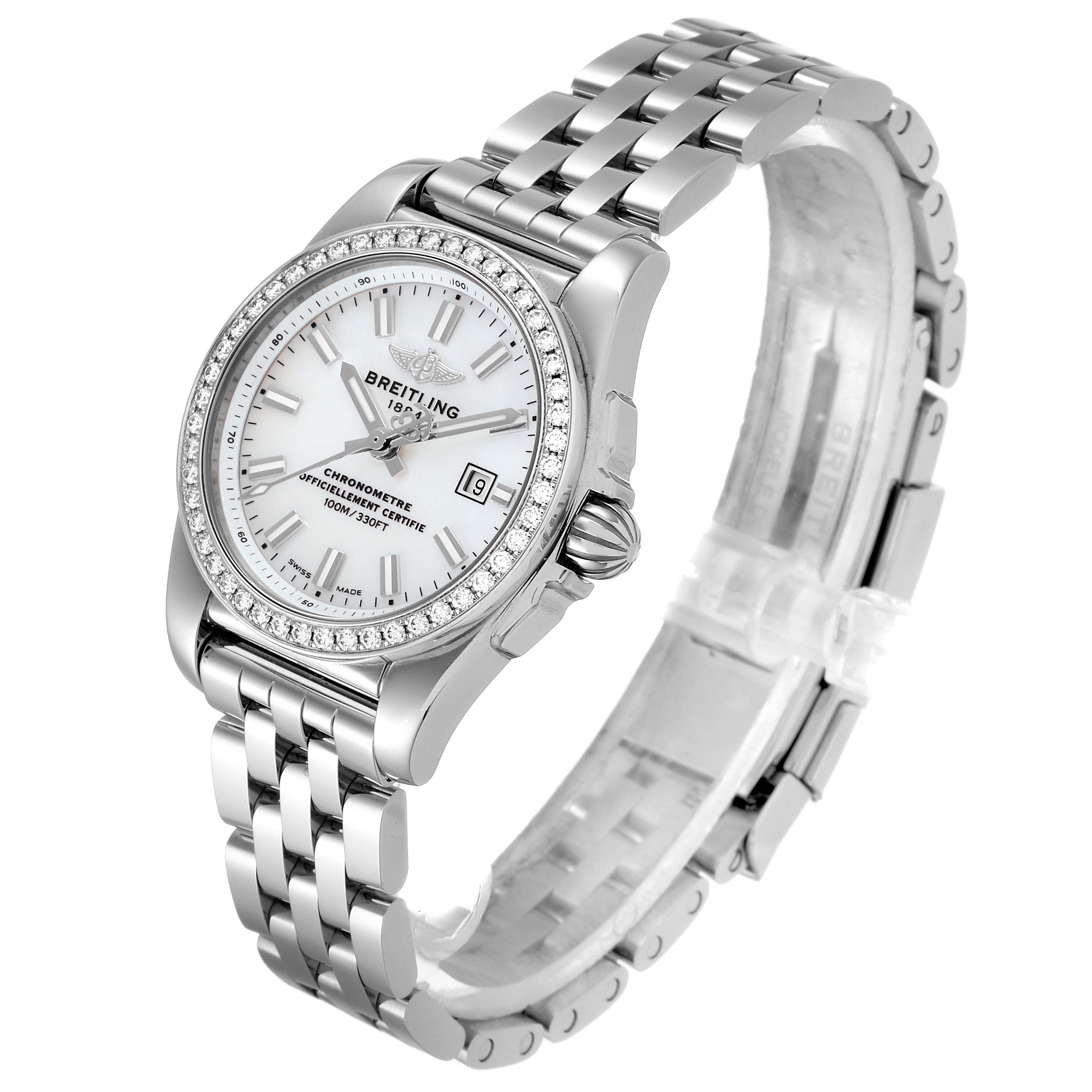The image shows the Breitling A72348  Women
s Stainless Steel Mother of Pearl Dial A72348  Women
s Stainless Steel Mother of Pearl Dial Galactic 29 MOP Diamond Steel Ladies Watch A72348 from a three-quarter front angle, featuring its bezel, dial, and bracelet.