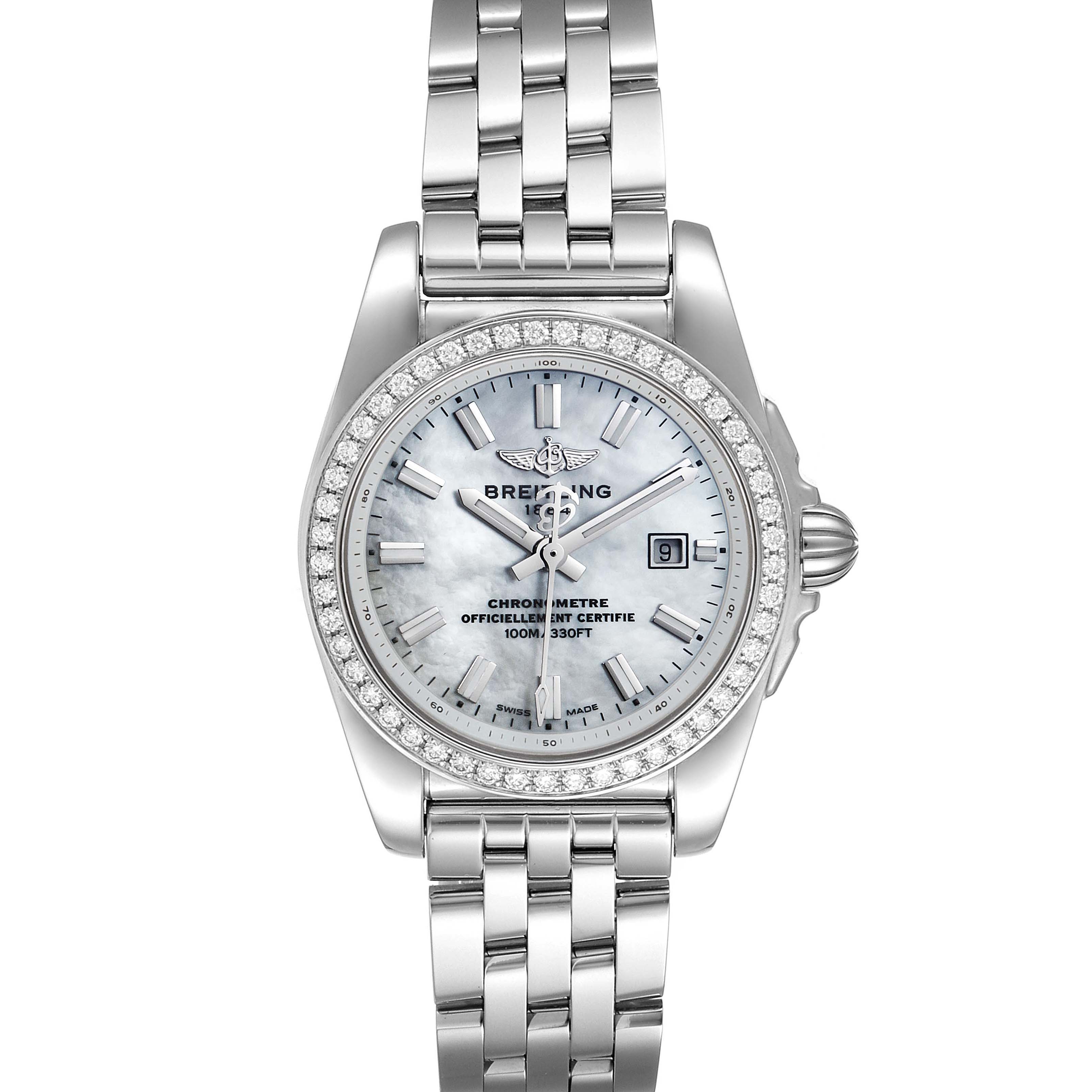 This image shows a front view of the Breitling A72348  Women
s Stainless Steel Mother of Pearl Dial A72348  Women
s Stainless Steel Mother of Pearl Dial Galactic 29 MOP Diamond Steel Ladies Watch A72348 Unworn model, highlighting the dial, bezel, and bracelet.