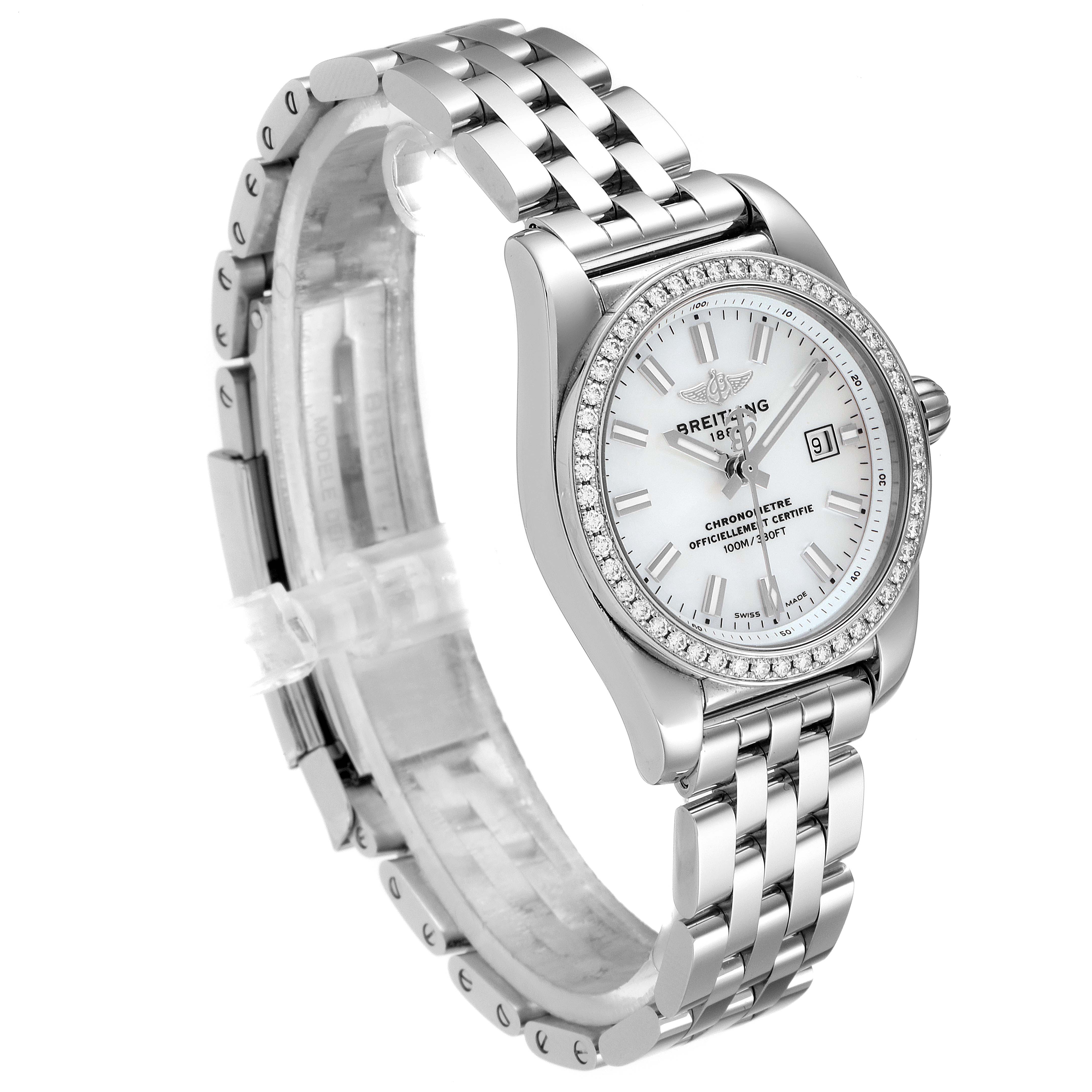This image shows a side-angle view of the Breitling A72348  Women
s Stainless Steel Mother of Pearl Dial A72348  Women
s Stainless Steel Mother of Pearl Dial Galactic 29 MOP Diamond Steel Ladies Watch A72348, highlighting its bracelet and face.