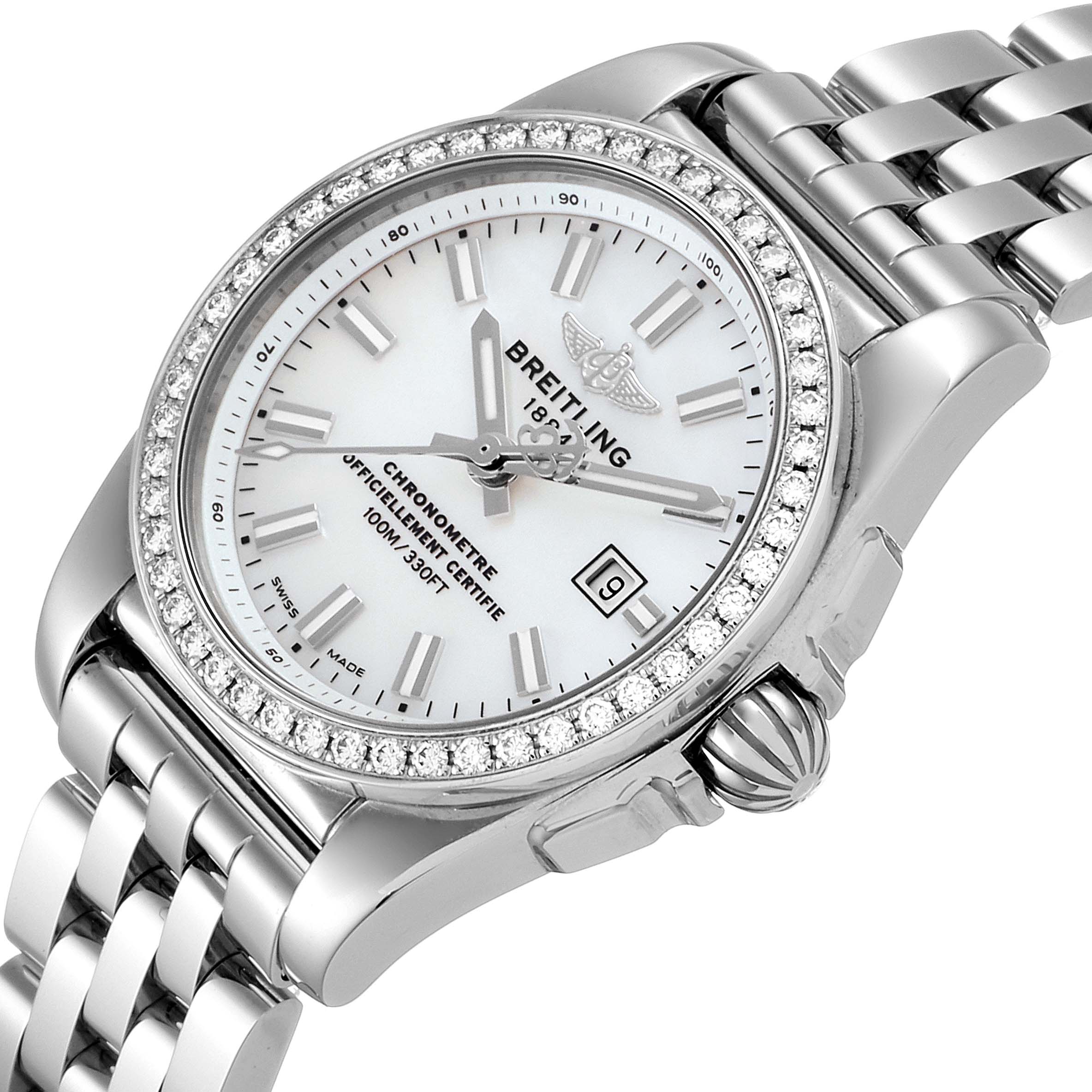 The image shows a Breitling A72348  Women
s Stainless Steel Mother of Pearl Dial A72348  Women
s Stainless Steel Mother of Pearl Dial Galactic 29 MOP Diamond Steel Ladies Watch A72348 angled slightly to display the face, bezel, crown, and bracelet.