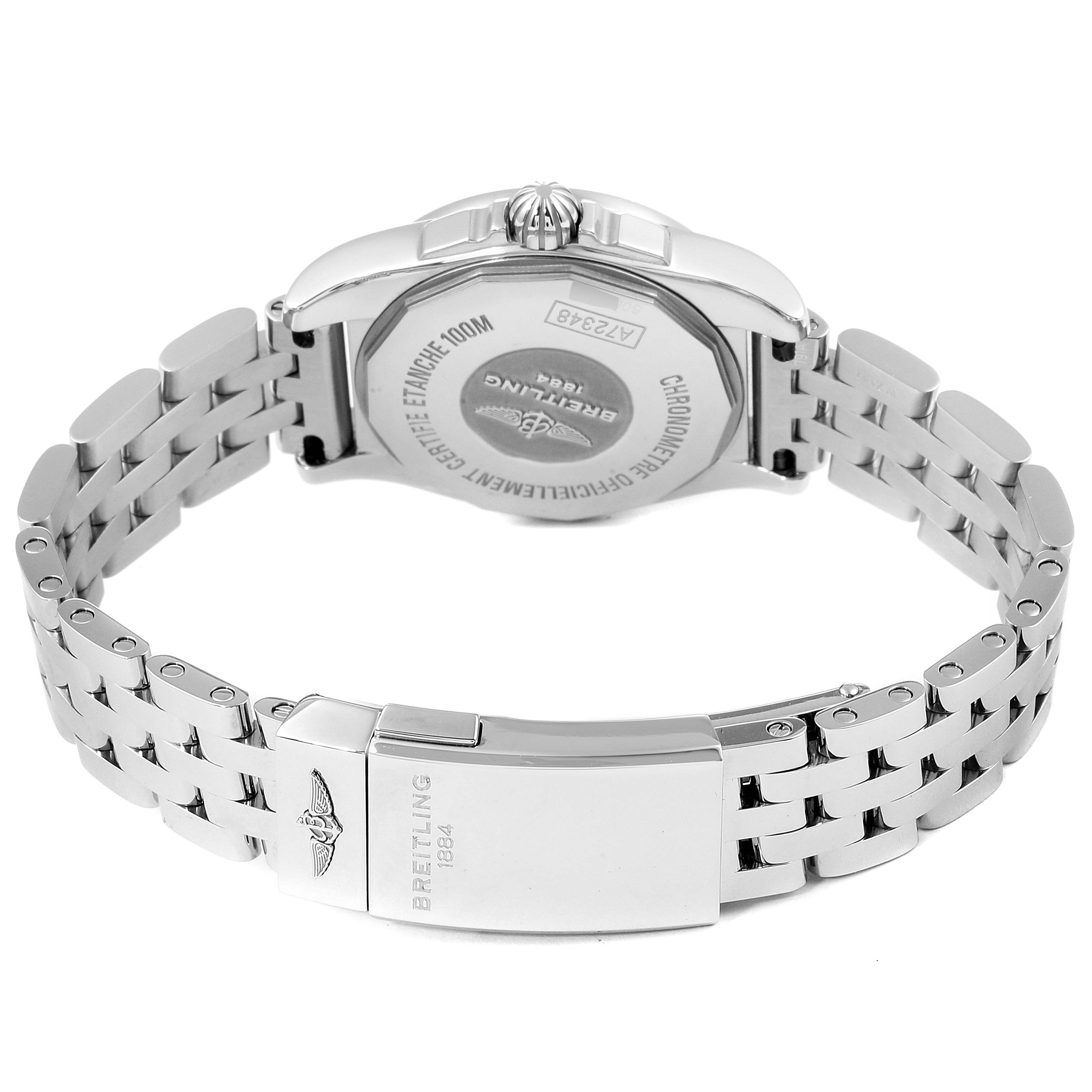 The image shows the back and clasp of the Breitling A72348  Women
s Stainless Steel Mother of Pearl Dial A72348  Women
s Stainless Steel Mother of Pearl Dial Galactic 29 MOP Diamond Steel Ladies Watch A72348, including the bracelet and case back.