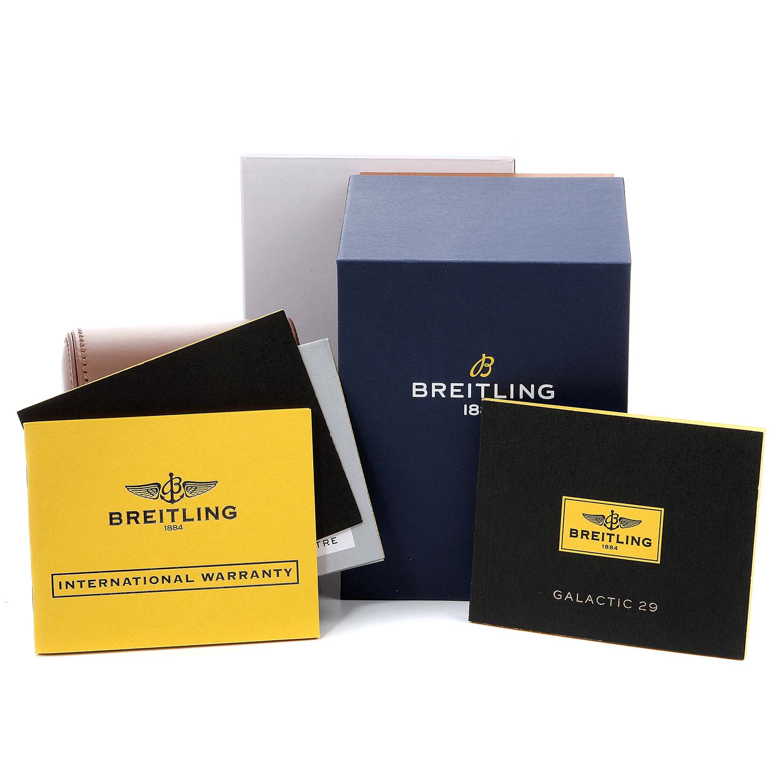 The image shows the packaging and booklets for the Breitling A72348  Women
s Stainless Steel Mother of Pearl Dial A72348  Women
s Stainless Steel Mother of Pearl Dial Galactic 29 MOP Diamond Steel Ladies Watch A72348 Unworn model.