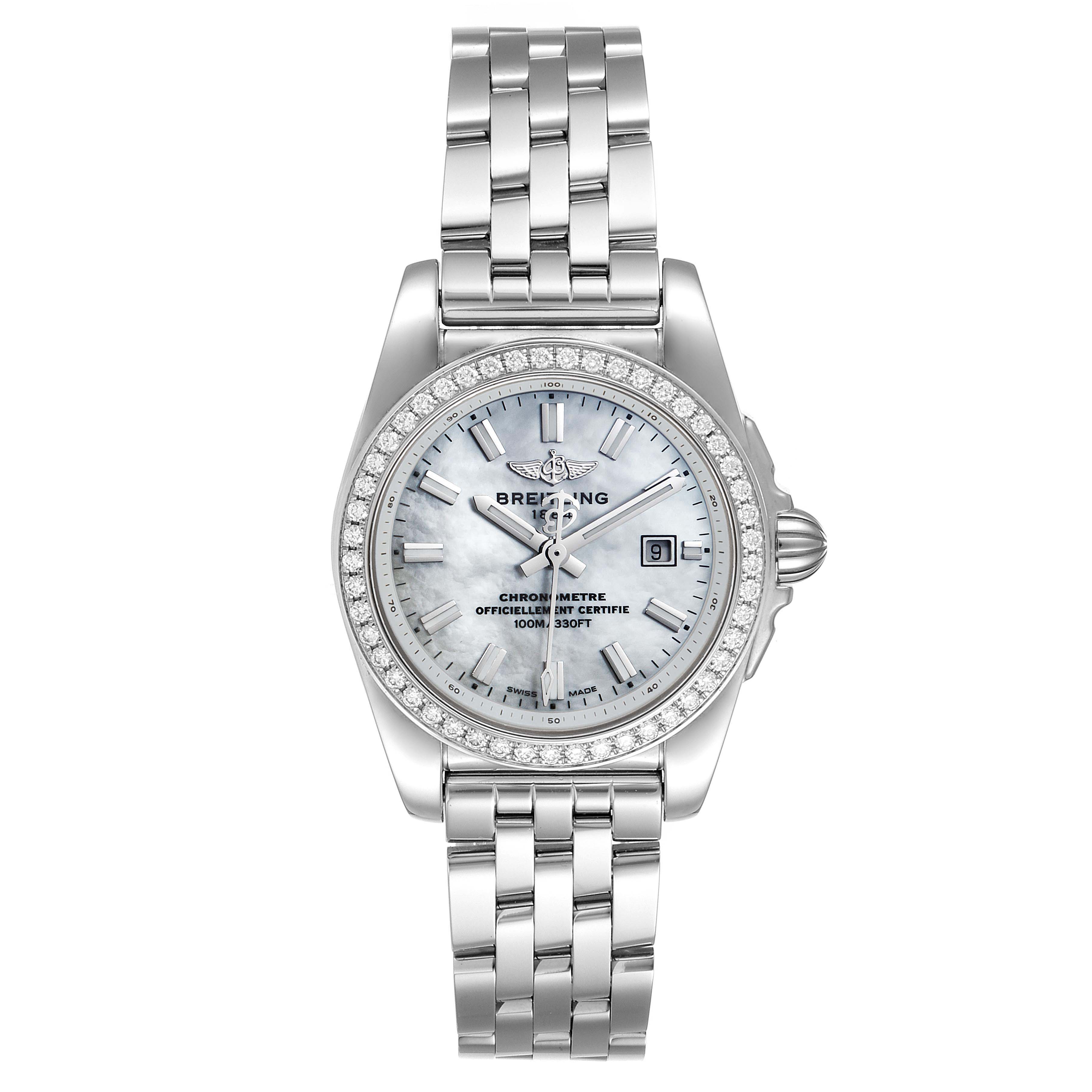 This image shows a front view of the Breitling A72348  Women
s Stainless Steel Mother of Pearl Dial A72348  Women
s Stainless Steel Mother of Pearl Dial Galactic 29 MOP Diamond Steel Ladies Watch A72348 Unworn model.