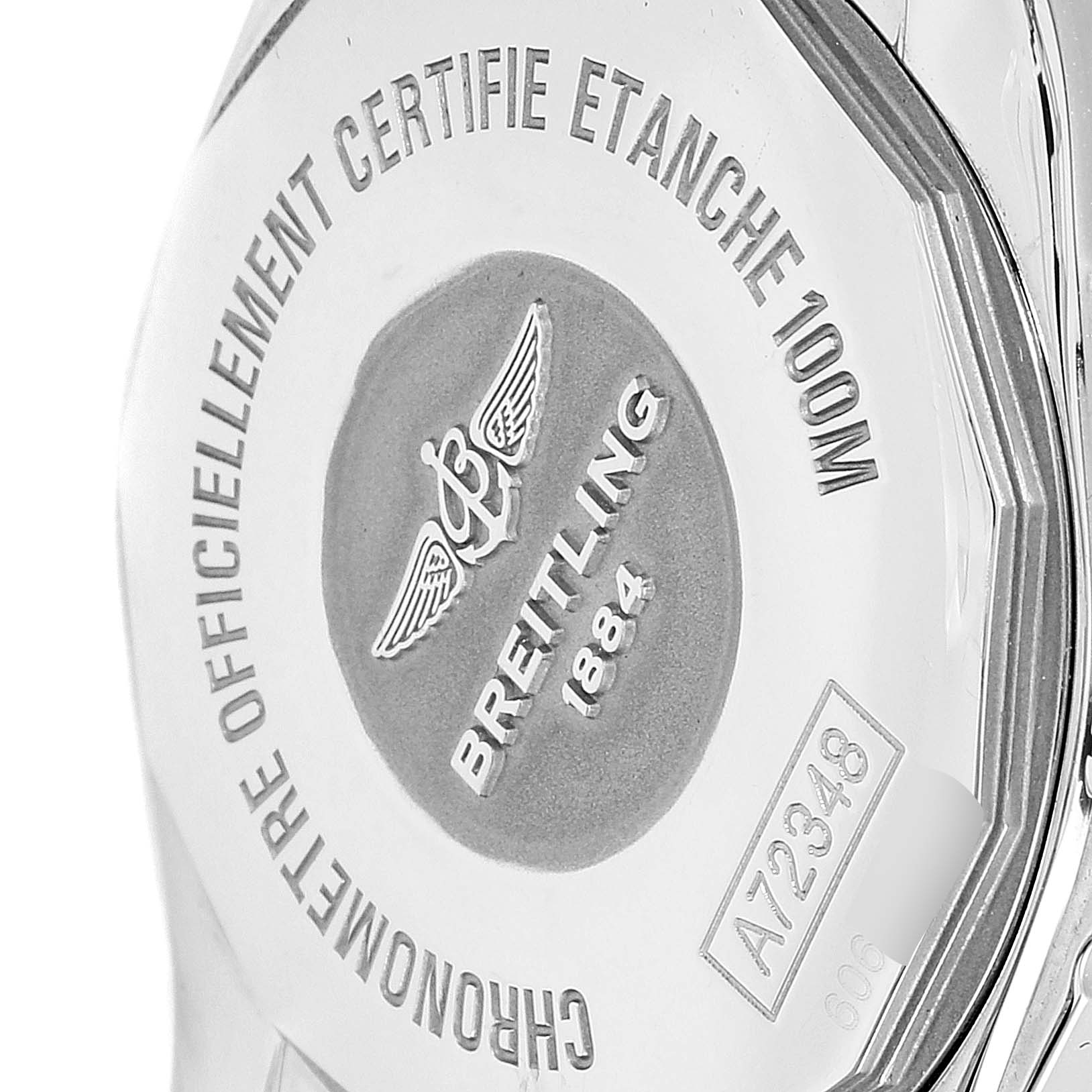 The image shows the back of the Breitling A72348  Women
s Stainless Steel Mother of Pearl Dial A72348  Women
s Stainless Steel Mother of Pearl Dial Galactic 29 MOP Diamond Steel Ladies Watch A72348, highlighting the engraved details.