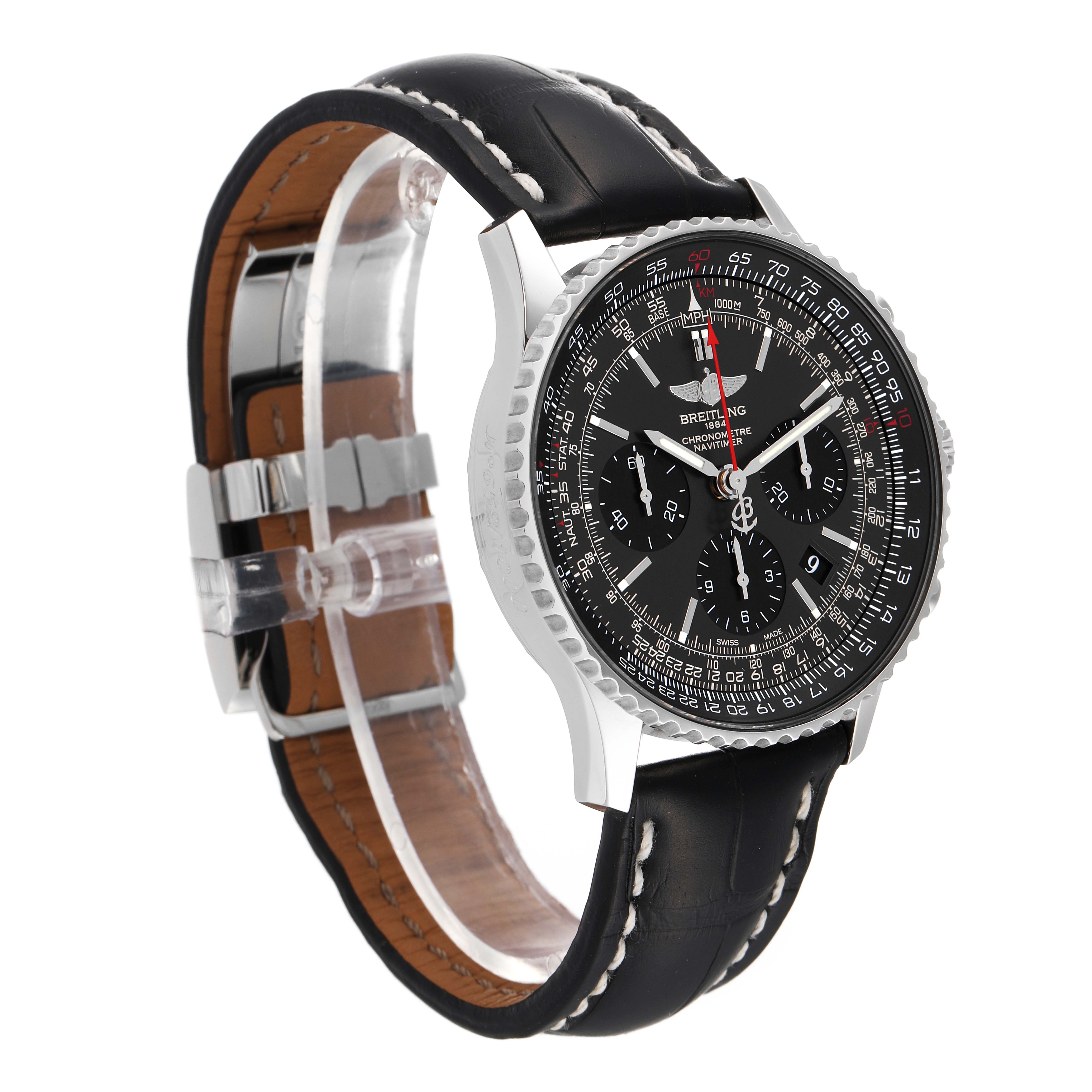 The image shows a Breitling Navitimer AB0121 Men's Stainless Steel Grey Dial AB0121 Men's Stainless Steel Grey Dial watch at a slight angle, highlighting the face, bezel, and black leather strap with white stitching.