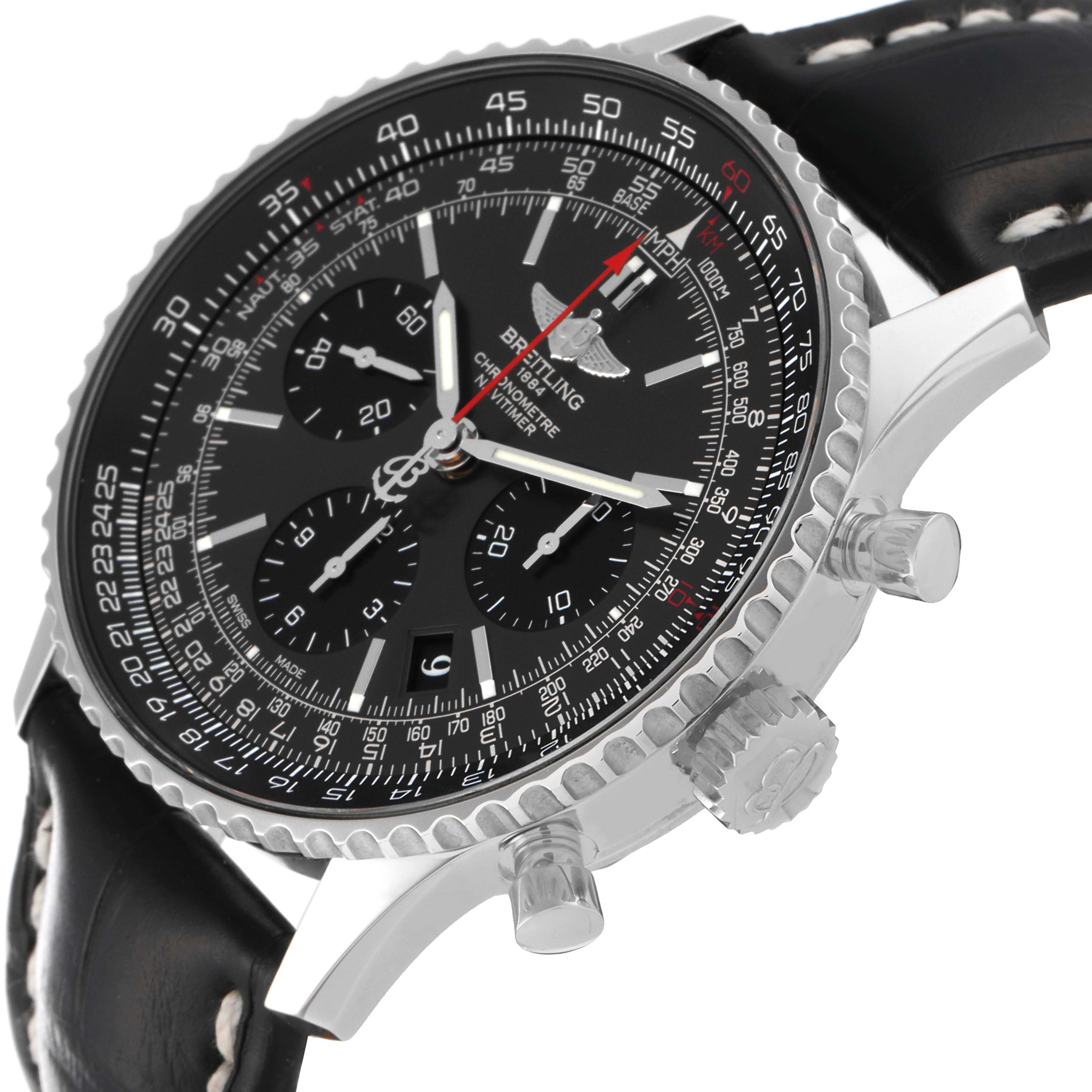 The image shows a close-up, angled view of a Breitling Navitimer AB0121 Men's Stainless Steel Grey Dial AB0121 Men's Stainless Steel Grey Dial watch, highlighting its face, bezel, crown, pushers, and leather strap.