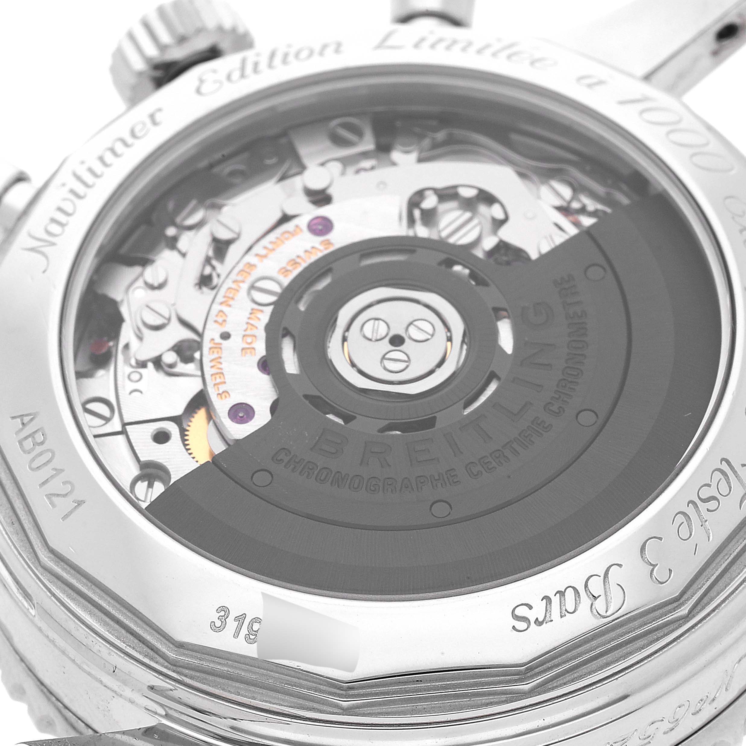 The image shows the back case of a Breitling Navitimer AB0121 Men's Stainless Steel Grey Dial AB0121 Men's Stainless Steel Grey Dial watch, highlighting its internal mechanical movement.