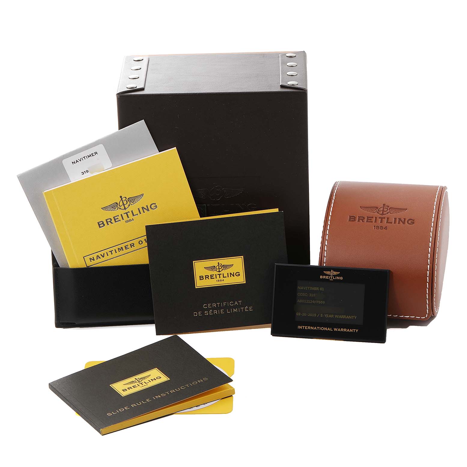 The image shows the packaging and documentation for a Breitling Navitimer AB0121 Men's Stainless Steel Grey Dial AB0121 Men's Stainless Steel Grey Dial, including the box, manual, warranty card, and travel case.