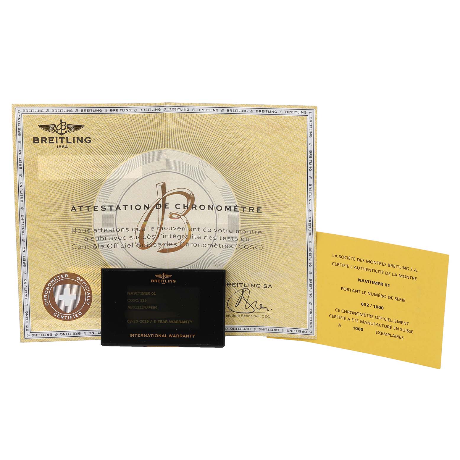 The image shows the warranty card, chronometer certification, and authenticity certificate for the Breitling Navitimer AB0121 Men's Stainless Steel Grey Dial AB0121 Men's Stainless Steel Grey Dial model.