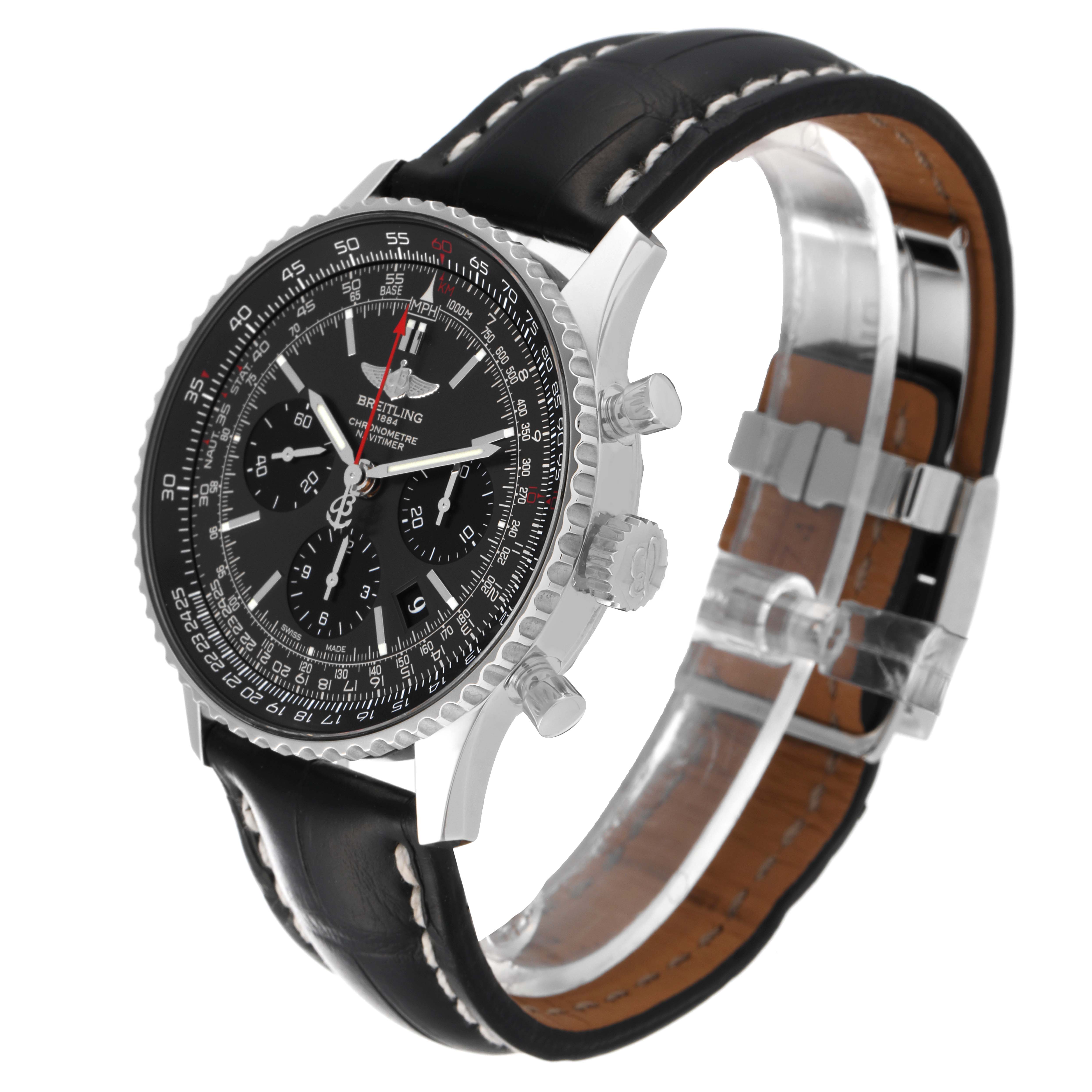 The image shows a Breitling Navitimer AB0121 Men's Stainless Steel Grey Dial AB0121 Men's Stainless Steel Grey Dial watch at a three-quarter angle, highlighting its black dial, chronograph subdials, and leather strap.