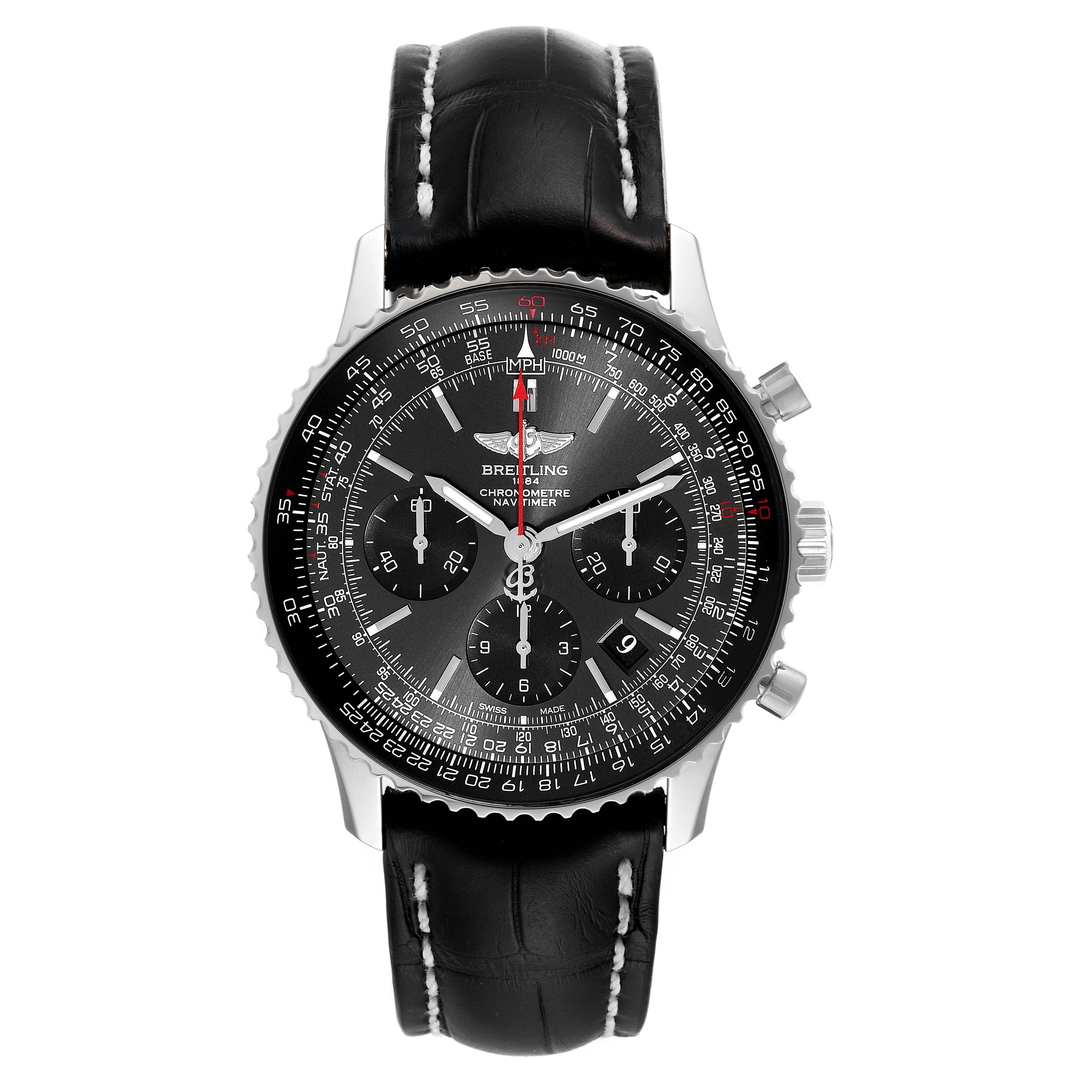 The image shows a front view of the Breitling Navitimer AB0121 Men's Stainless Steel Grey Dial AB0121 Men's Stainless Steel Grey Dial watch, highlighting its black dial and leather strap.