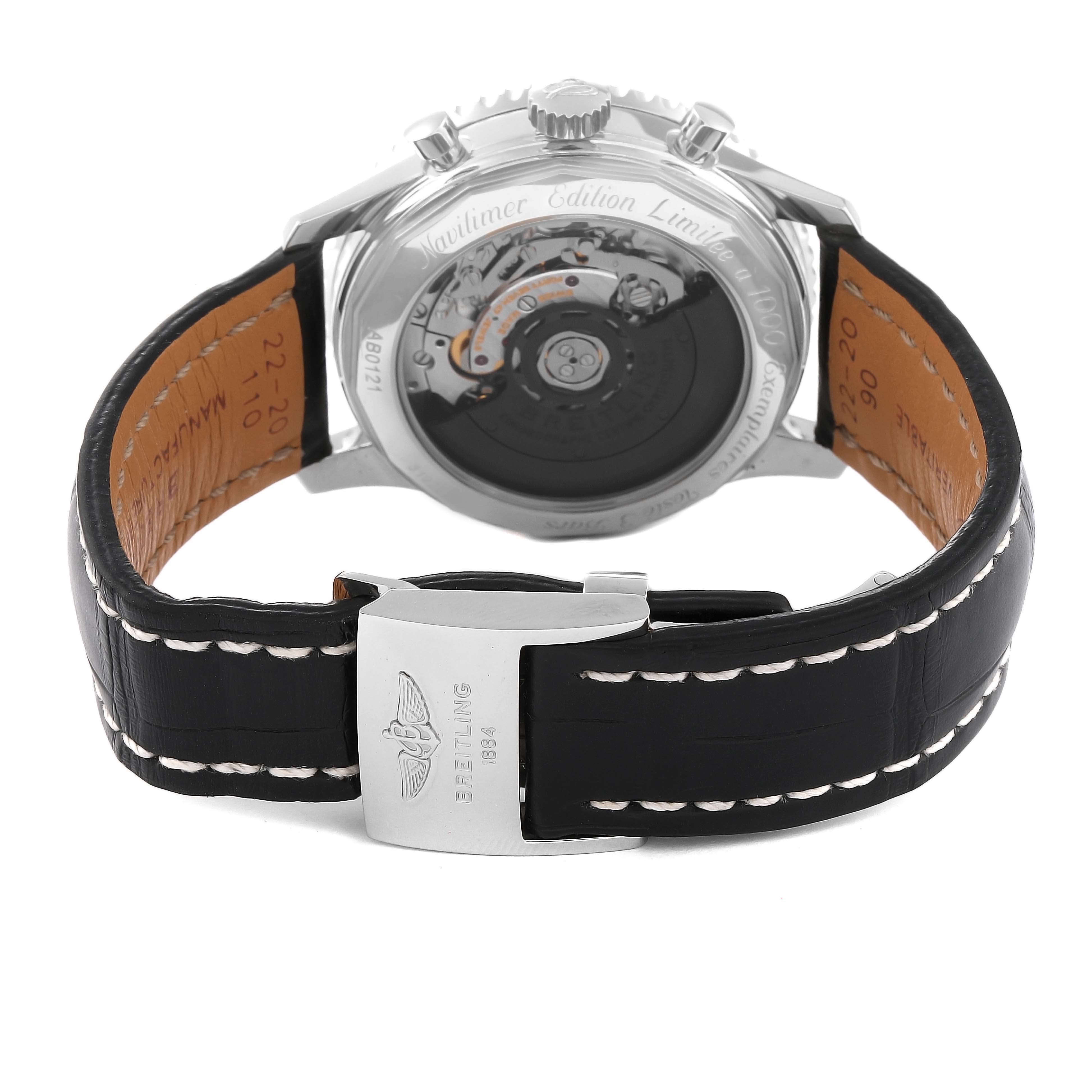 The image shows the back view of a Breitling Navitimer AB0121 Men's Stainless Steel Grey Dial AB0121 Men's Stainless Steel Grey Dial watch, highlighting the strap, clasp, and the exhibition case back showcasing the movement.