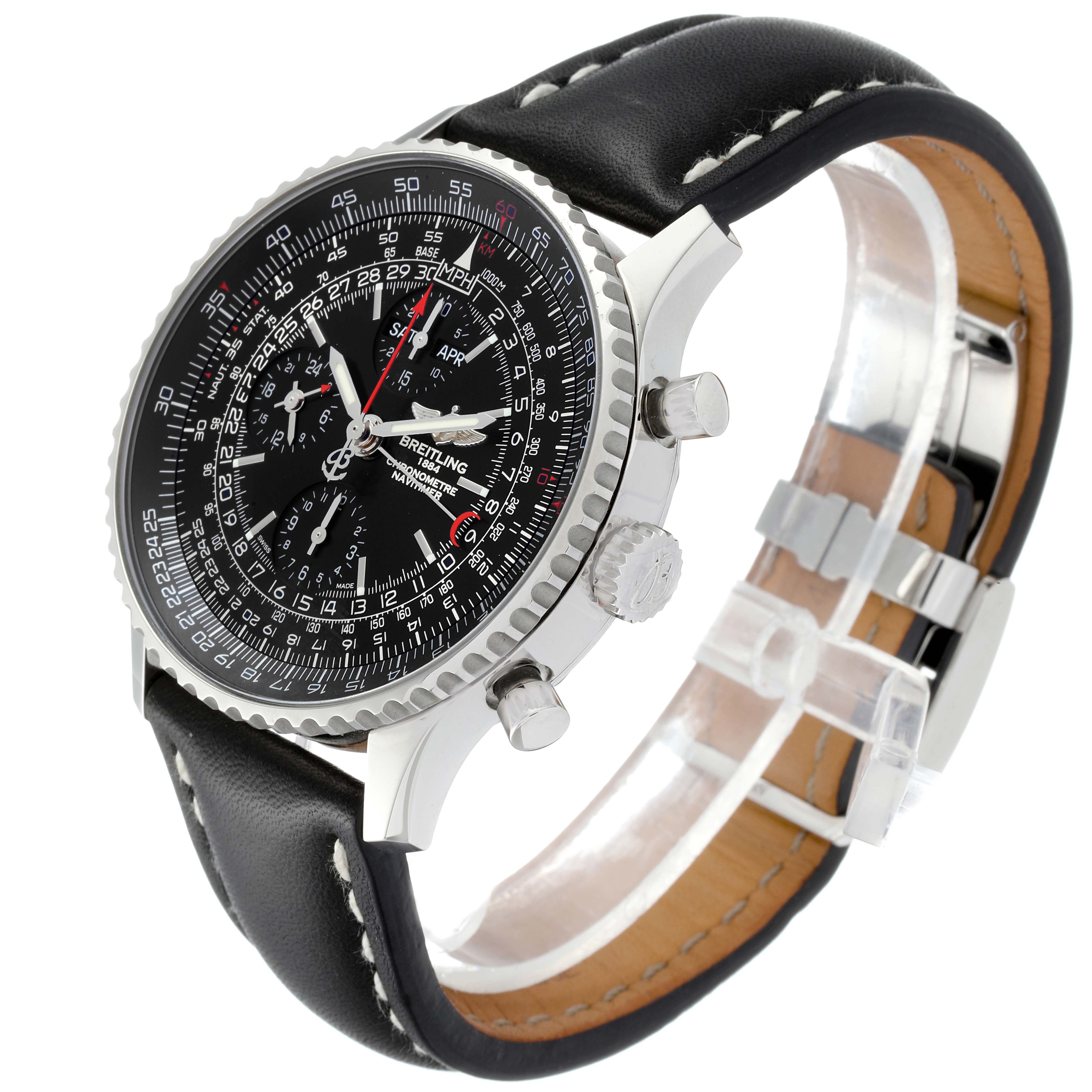 The image shows a side-front angle of a Breitling Navitimer A21350 Men's Stainless Steel Black Dial A21350 Men's Stainless Steel Black Dial watch, displaying its face, bezel, crown, and leather strap.