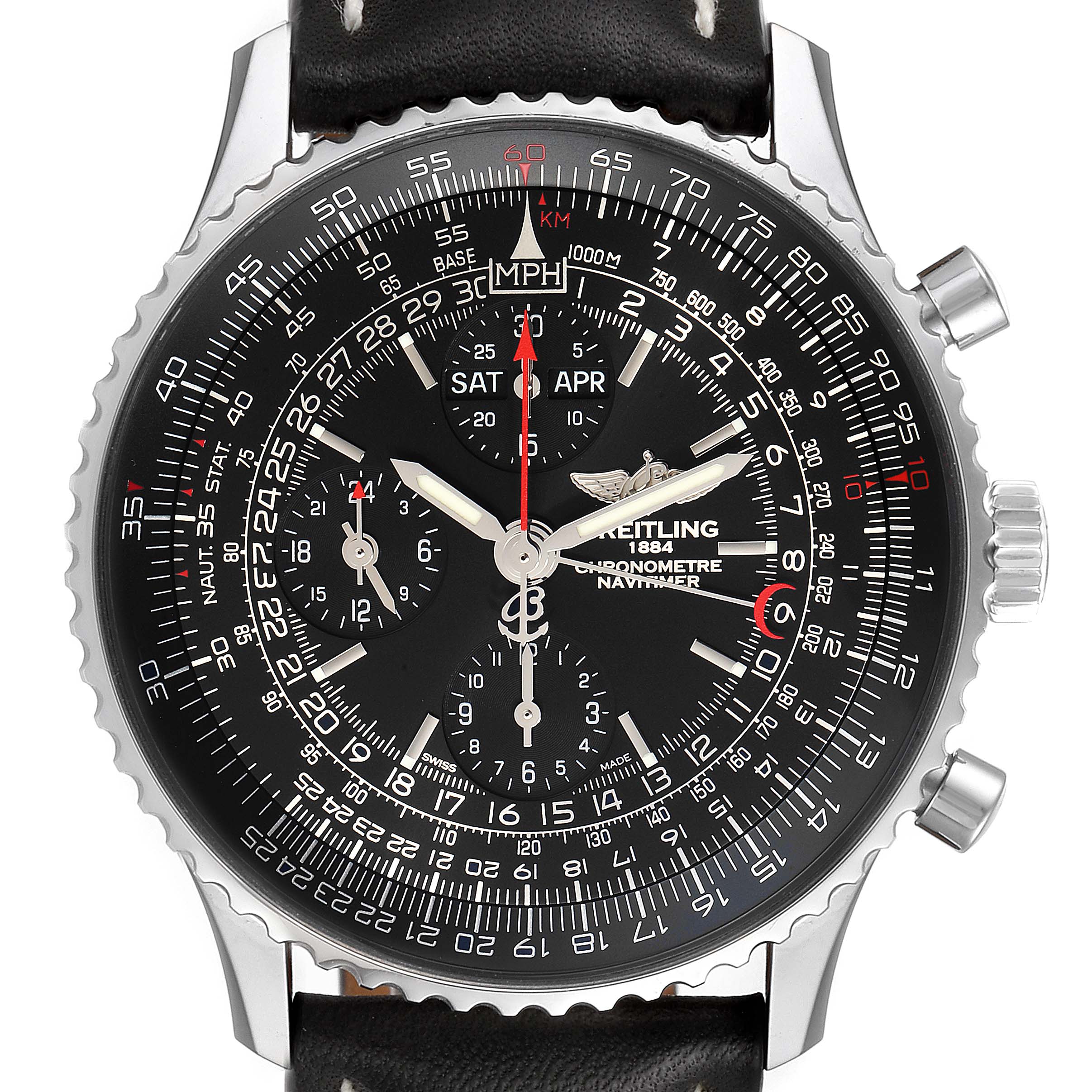 This Navitimer model by Breitling is shown from a front angle, highlighting the dial, bezel, and leather strap.