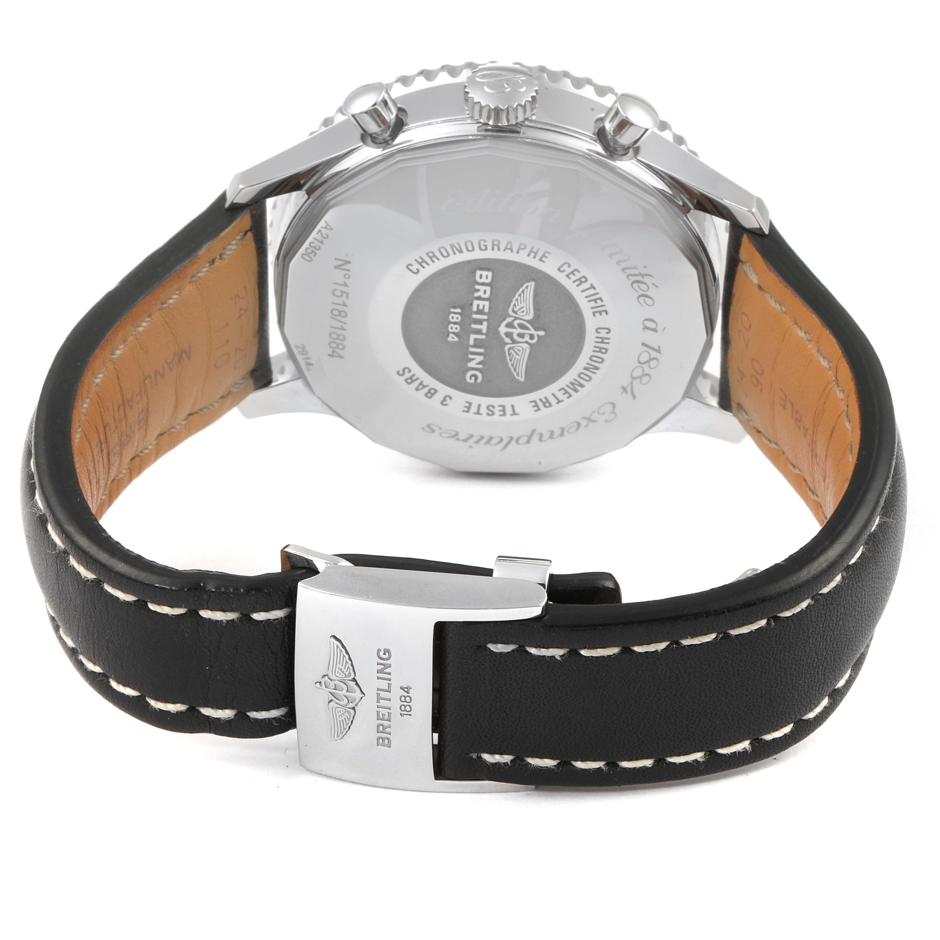 This image shows the back view of a Breitling Navitimer A21350 Men's Stainless Steel Black Dial A21350 Men's Stainless Steel Black Dial watch, highlighting the case back and leather strap with stitching.