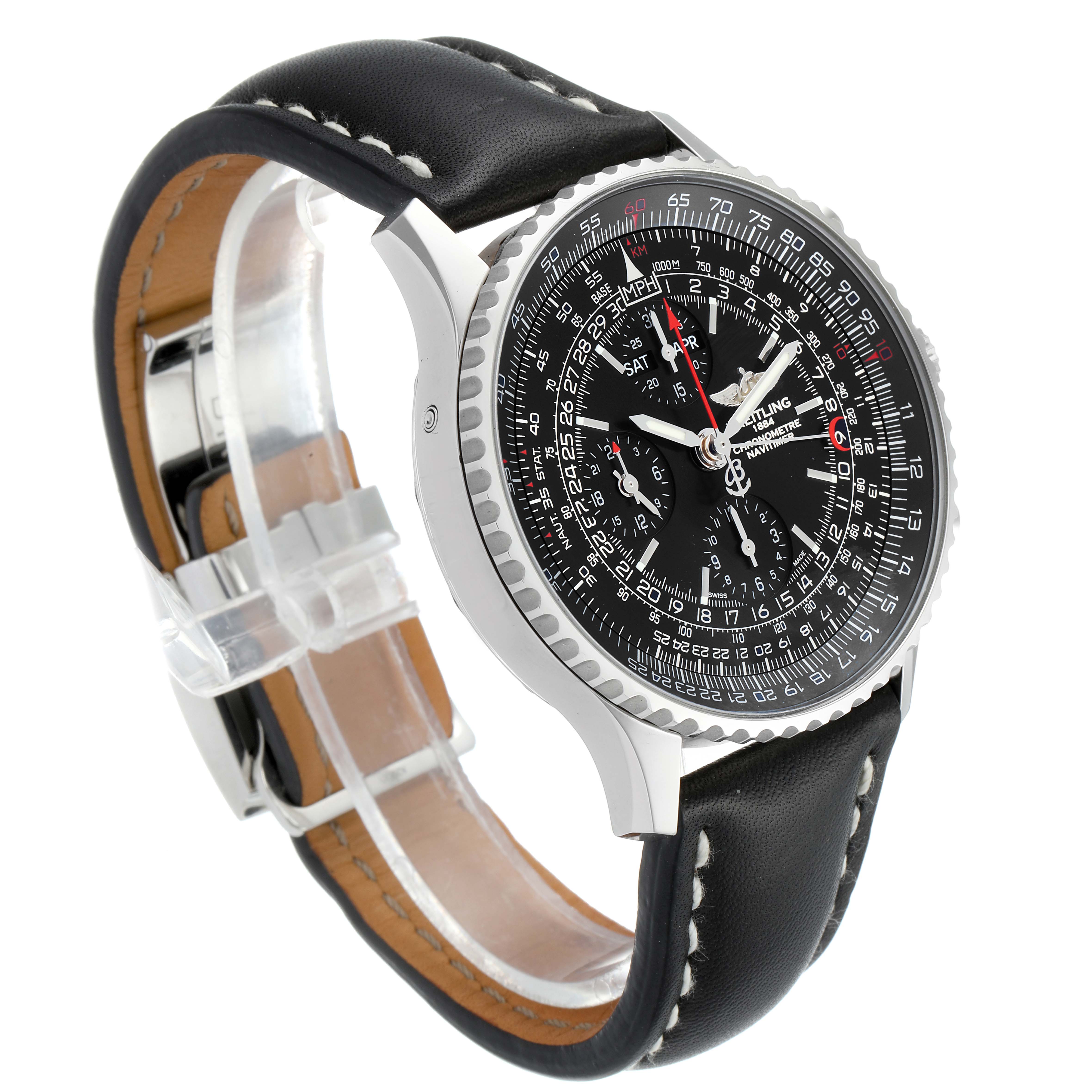 This image shows a Breitling Navitimer A21350 Men's Stainless Steel Black Dial A21350 Men's Stainless Steel Black Dial watch at a 3/4 angle, displaying its black dial, bezel, and leather strap.
