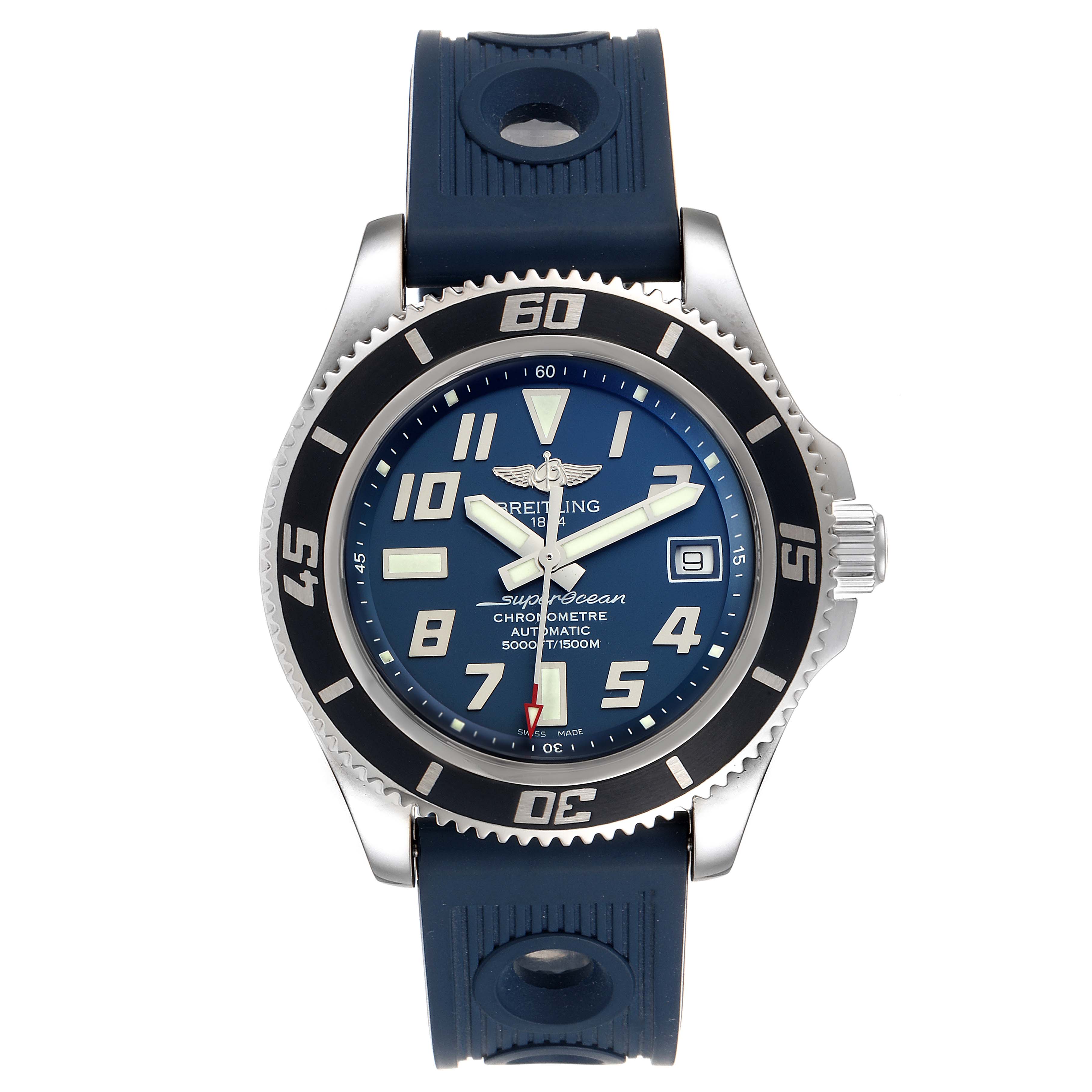 The image shows a front view of the Breitling Superocean A17364 Men's Stainless Steel Blue Dial A17364 Men's Stainless Steel Blue Dial watch, highlighting the face, bezel, and strap.