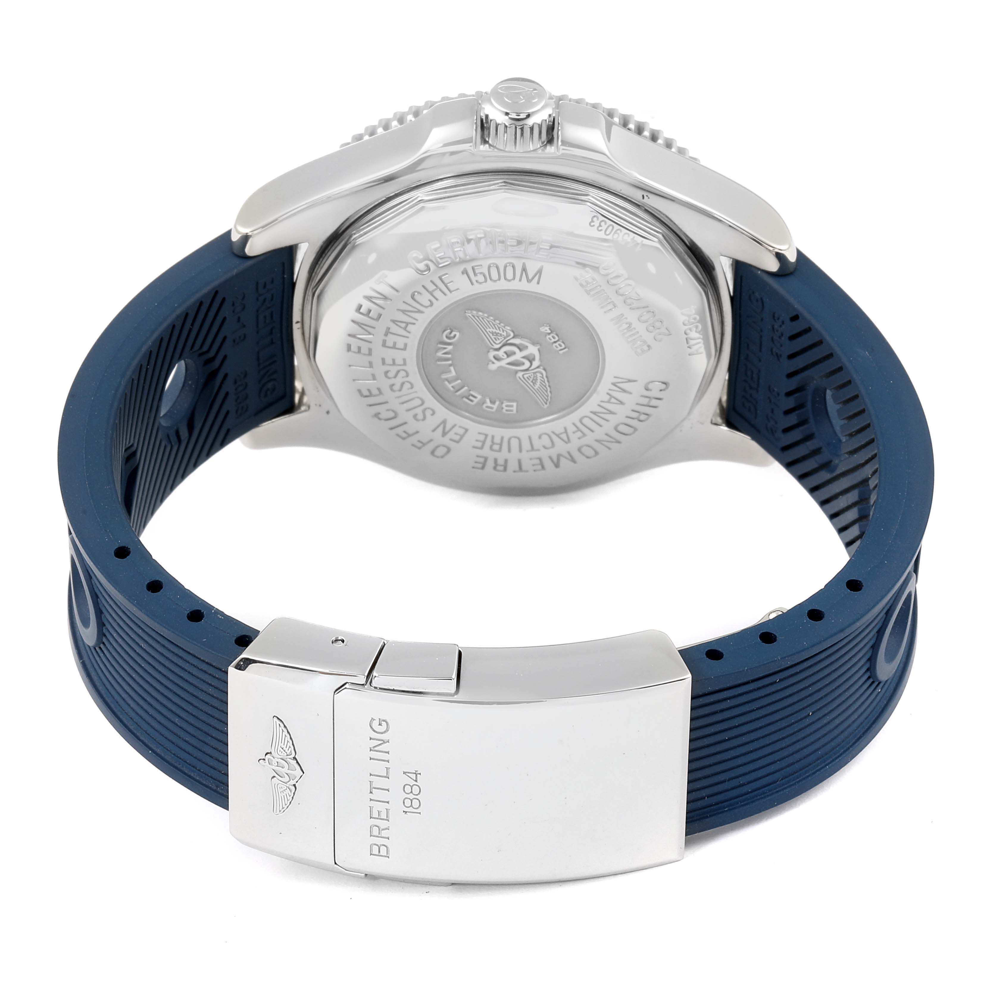 The image shows the Breitling Superocean A17364 Men's Stainless Steel Blue Dial A17364 Men's Stainless Steel Blue Dial's case back, blue rubber strap, and deployment clasp.