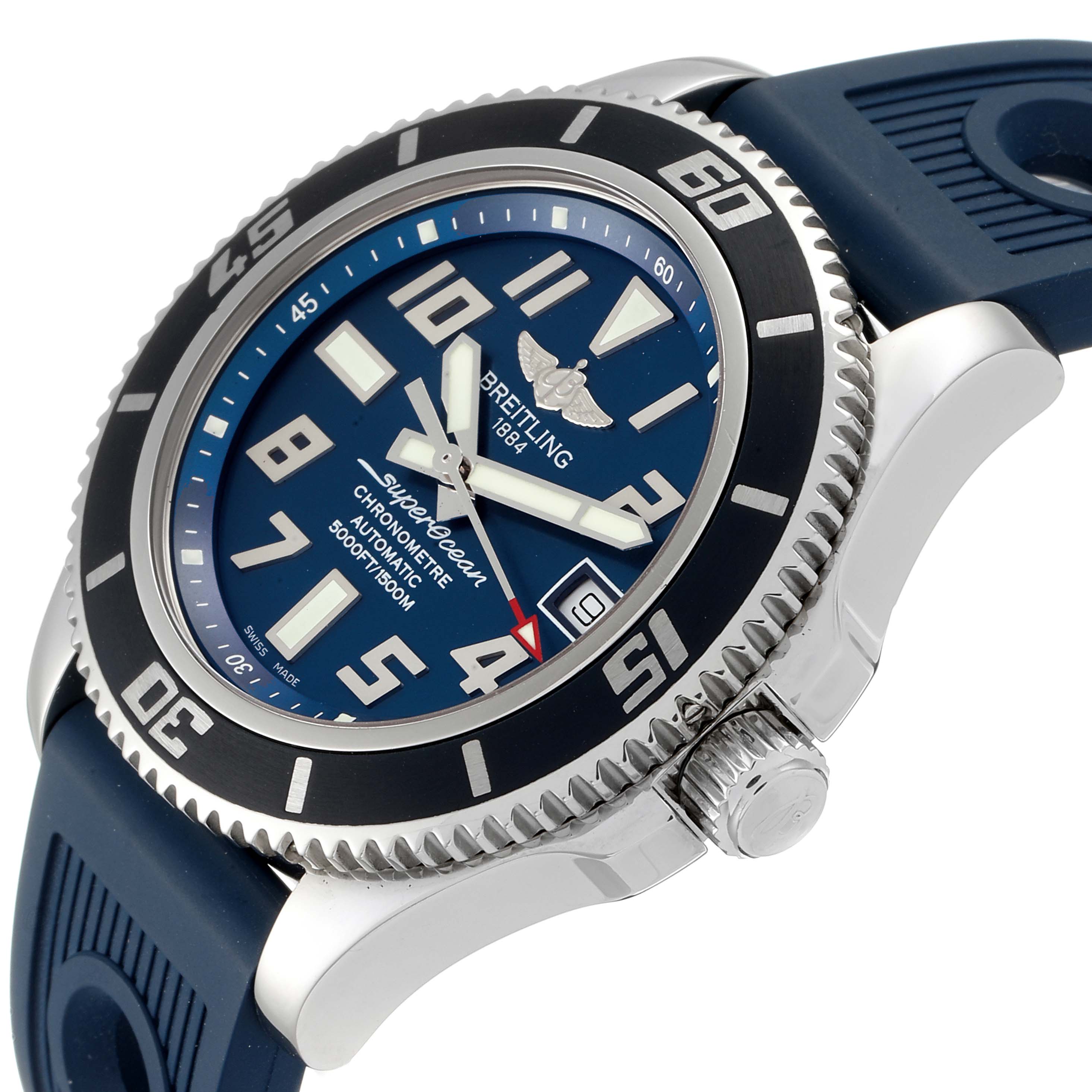 The image shows a close-up side angle of the Breitling Superocean A17364 Men's Stainless Steel Blue Dial A17364 Men's Stainless Steel Blue Dial watch, highlighting its blue dial, bezel, crown, and part of the rubber strap.