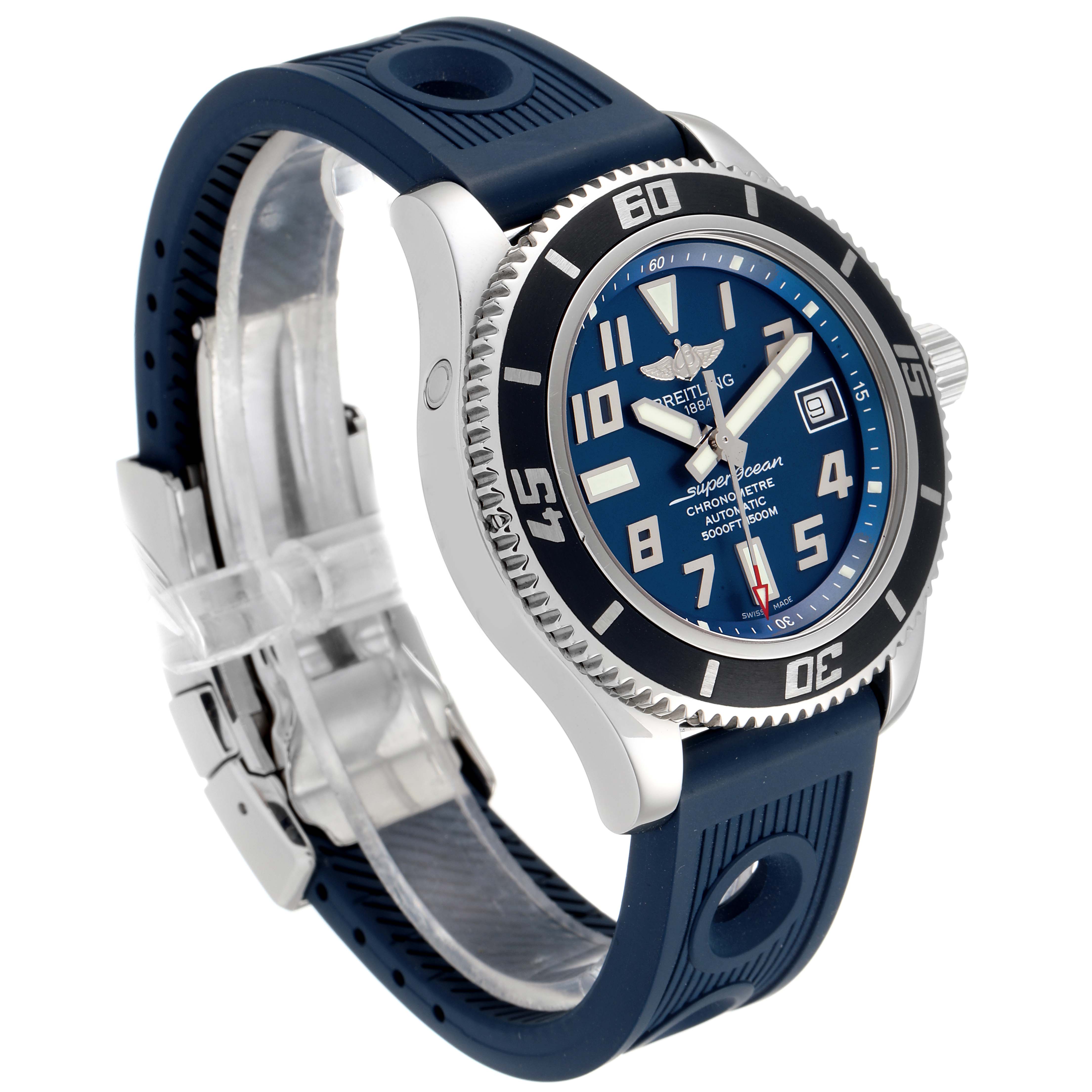 The image shows a side angle of the Breitling Superocean A17364 Men's Stainless Steel Blue Dial A17364 Men's Stainless Steel Blue Dial watch, highlighting its face, bezel, crown, and blue strap.