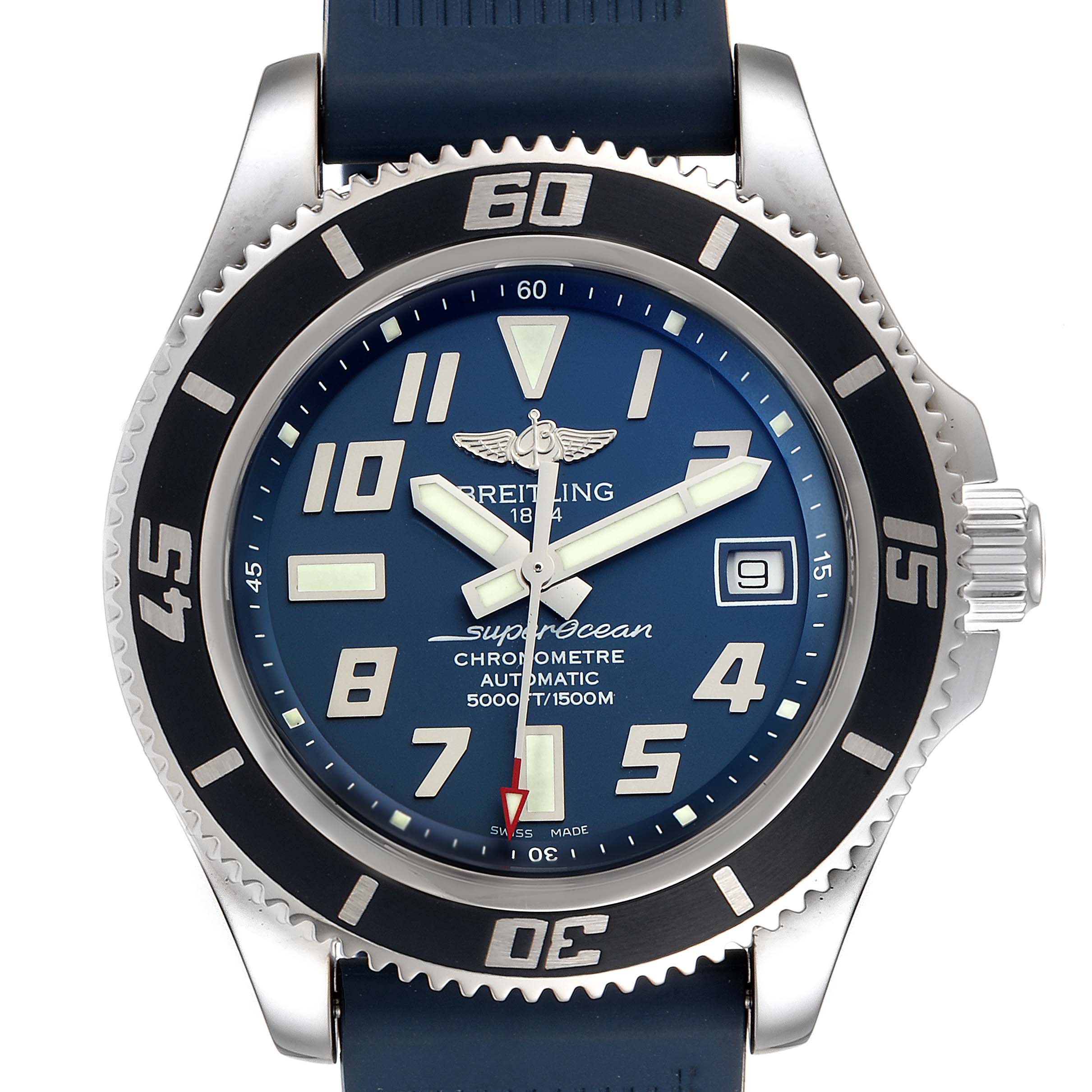 The image shows a front view of the Breitling Superocean A17364 Men's Stainless Steel Blue Dial A17364 Men's Stainless Steel Blue Dial watch displaying the dial, bezel, crown, and a portion of the strap.