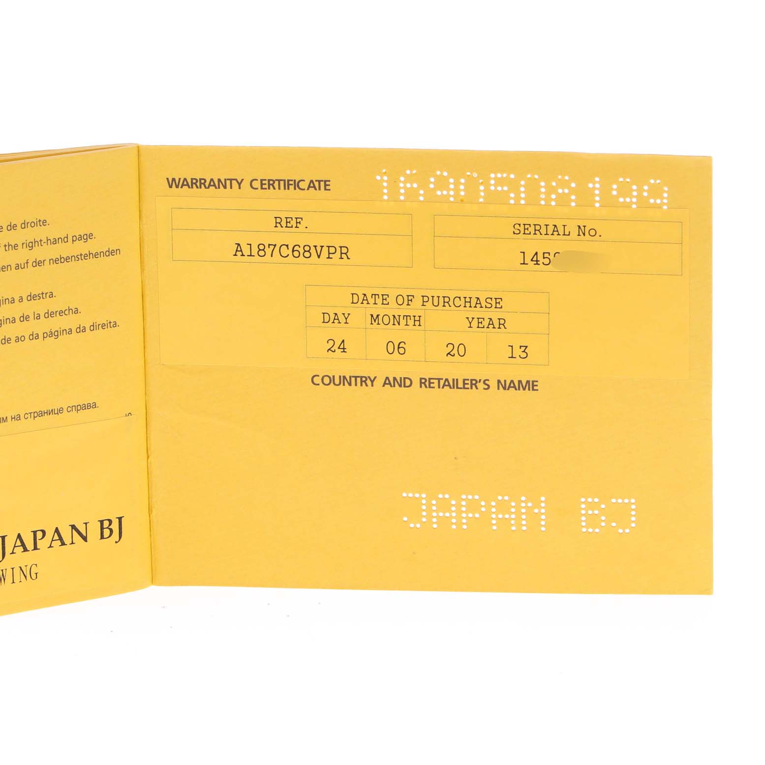 This image shows the warranty certificate for the Breitling Superocean A17364 Men's Stainless Steel Blue Dial A17364 Men's Stainless Steel Blue Dial model from an angled view.