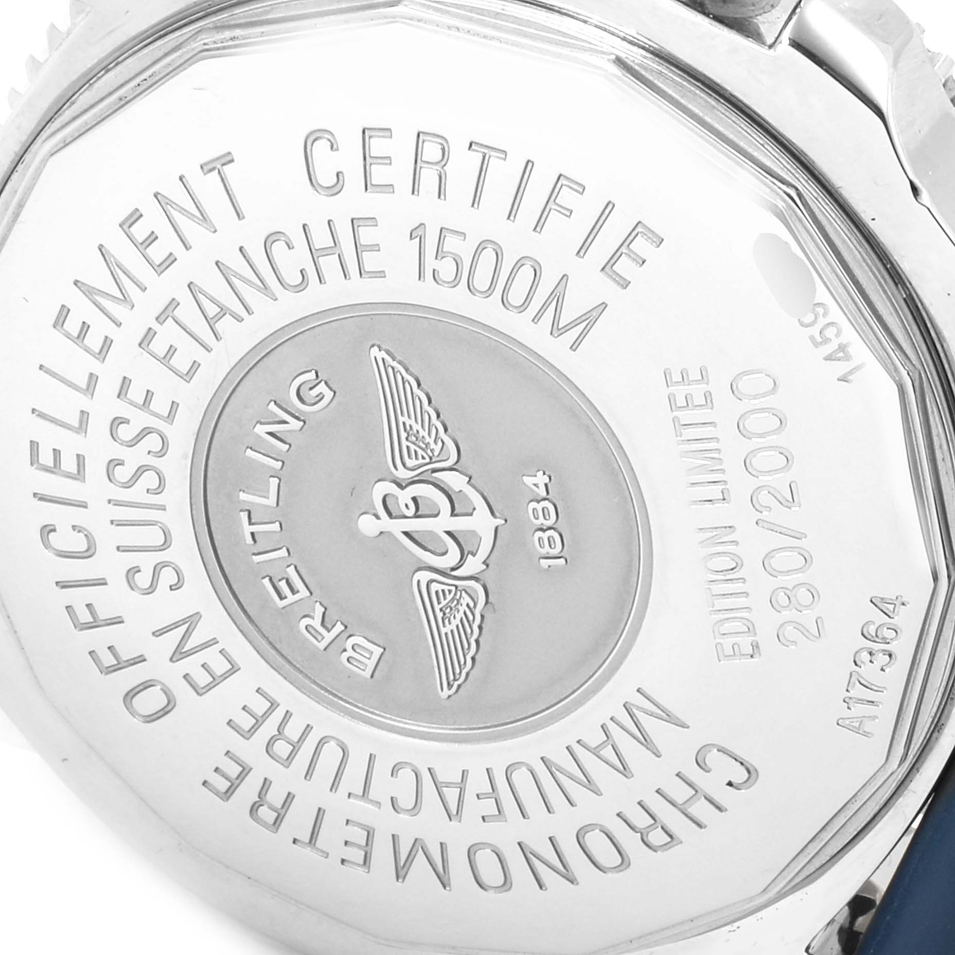 The image shows the back case of the Breitling Superocean A17364 Men's Stainless Steel Blue Dial A17364 Men's Stainless Steel Blue Dial watch, displaying water resistance details and branding.